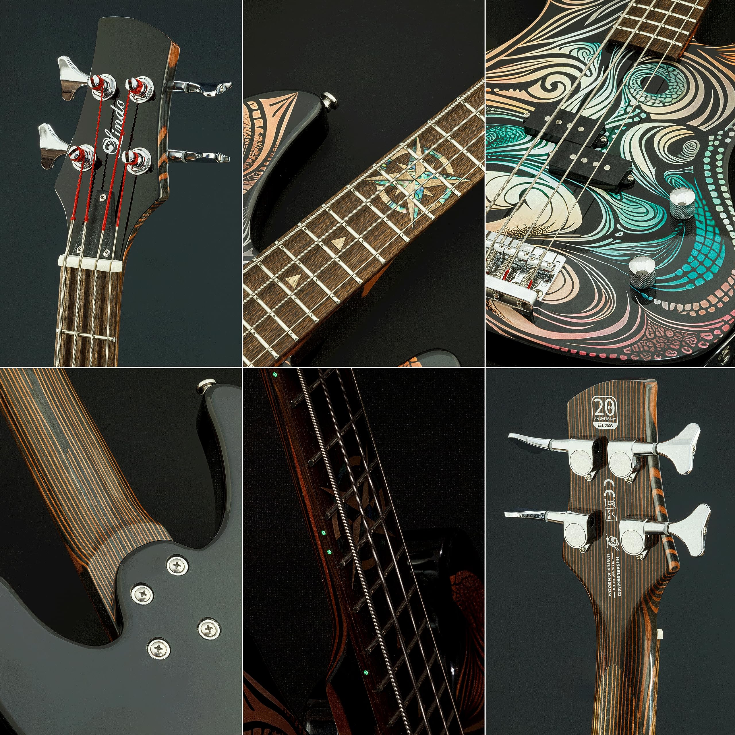 Guitarra Bajo Eléctrica Lindo Sahara (Escala Corta 30") | Incrustación de Concha Abalone y Madera de Arce, Estrella Náutica en el Traste 12 | Acabado de Arte Gráfico | Mástil Compuesto