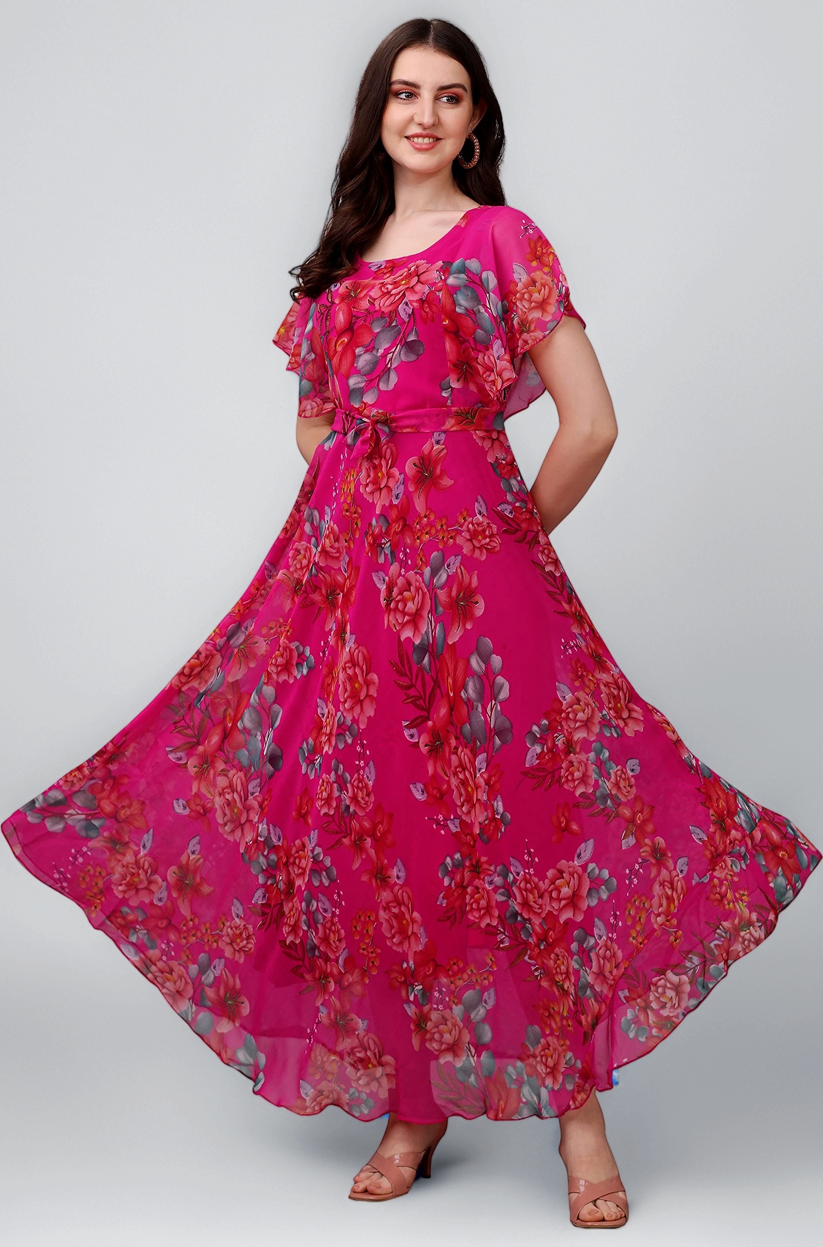 Fashion2wear Women's Georgette Floral Digital Print Short Sleeve Full-Length Fit & Flare Long Gown Dress for Girls (LN-X9TQ-MN1D)