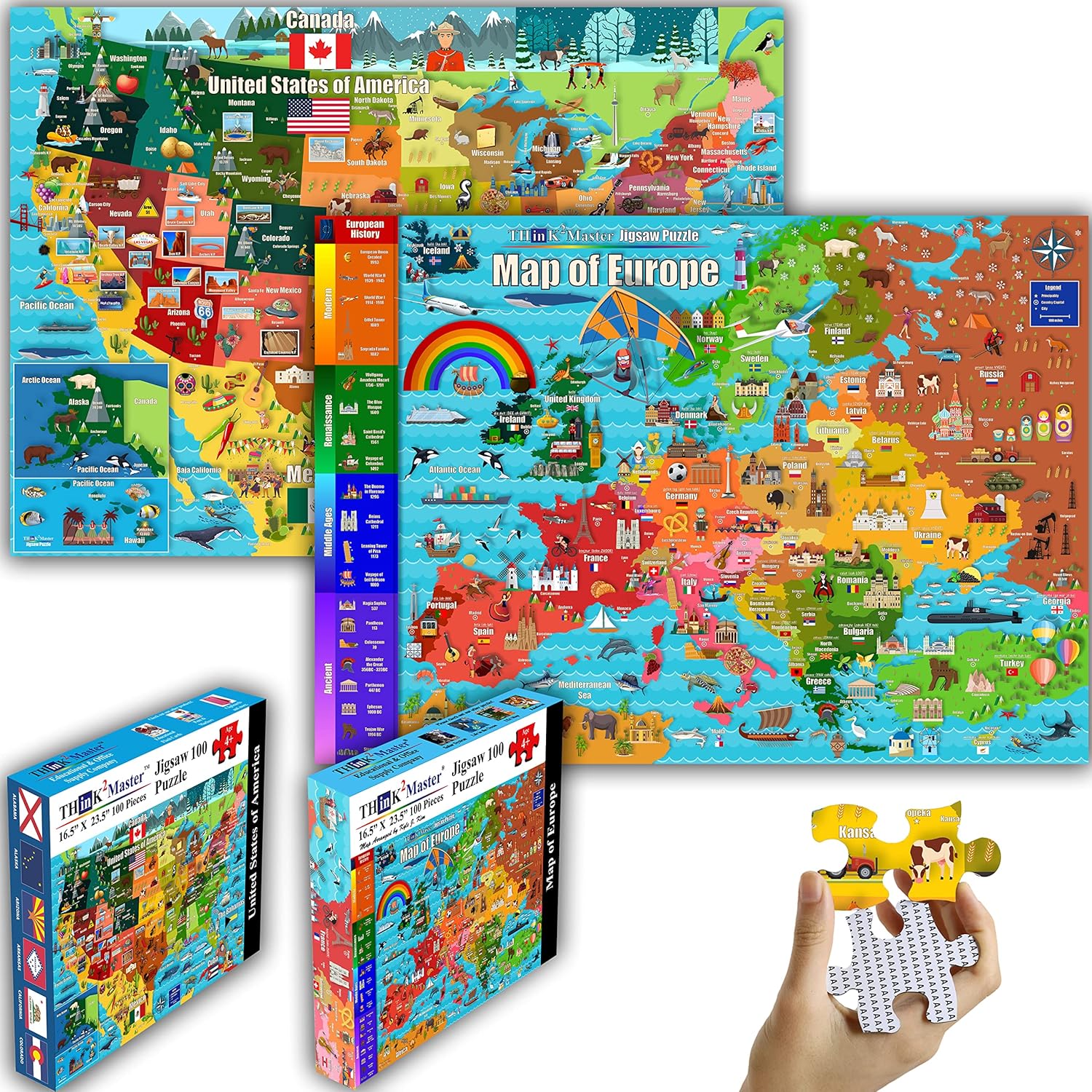 Think2Master Colorful United States Map 100 Pieces & Map of Europe 100 Pieces Jigsaw Puzzle. Fun Educational Toy for Kids, School & Families. Great Gift for Boys & Girls Ages 4+ to Stimulate Learning