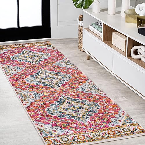 JONATHAN Y Boho Vintage Fuchsia/White Runner Rug, 2x8, Bohemian Flair Medallion, Floral Easy-Cleaning High Traffic for Living Room, Bedroom, Kitchen, Pet-Friendly, Non-Shedding (BMF106C-28)