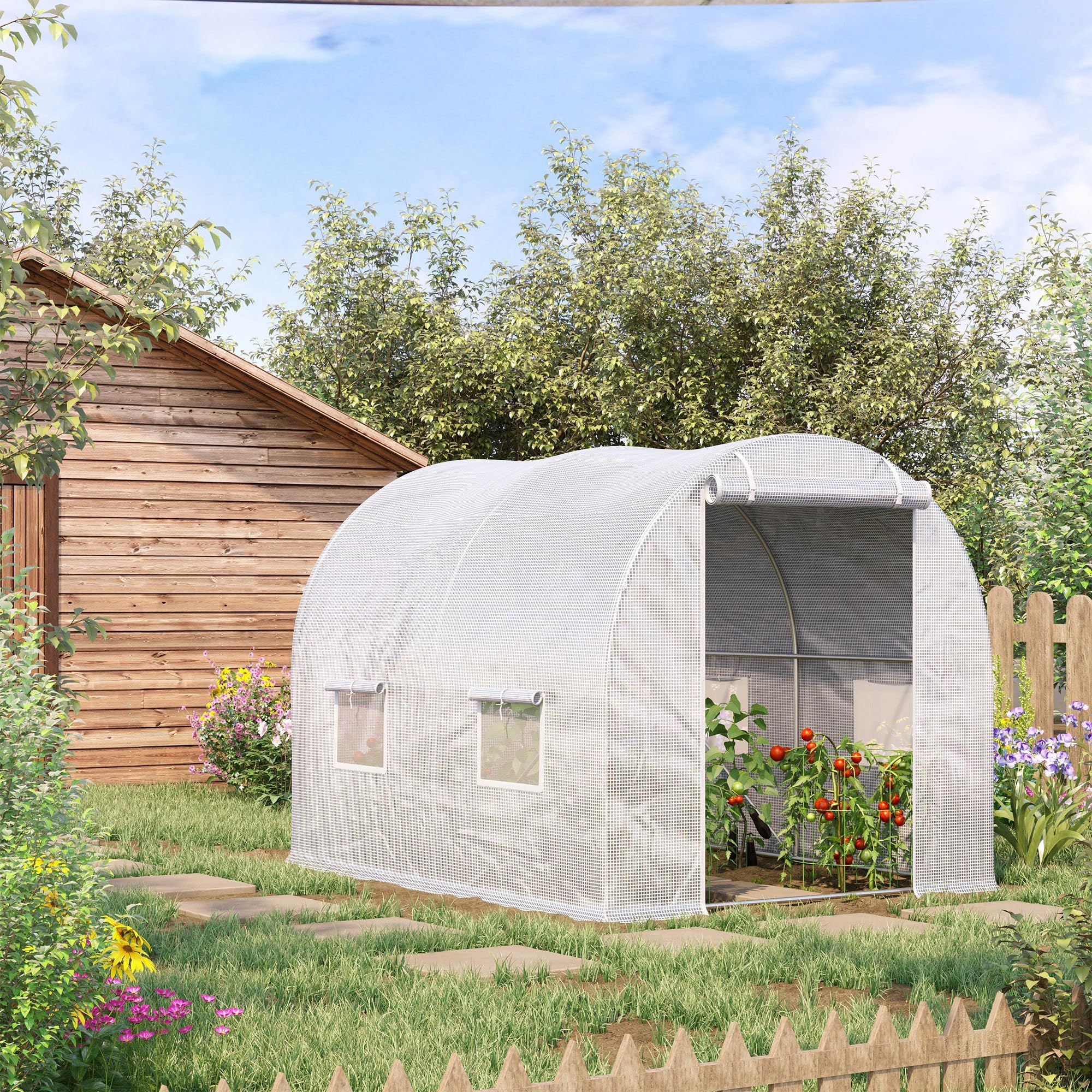 Outsunny Gartentunnel-Gewächshaus 6m² 3x2x1,9m weiße Tür