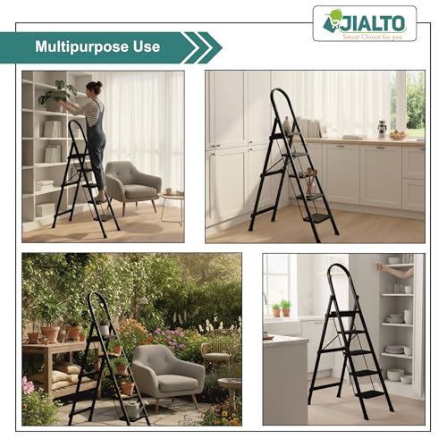 Image of Jialto Premium Matte Black 5 Step Ladder | Foldable Ladder for Home with Built-in Tool Tray | Secure Lock & Wide Rubber Feet | Heavy Duty Home Step Ladder (150kg Capacity)