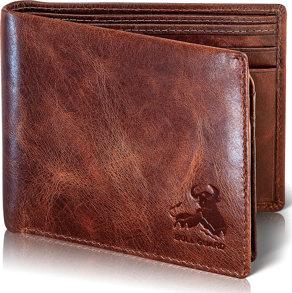 BULL GUARD RFID Blocking Bifold Mens Wallet Premium Top Grain Leather Brown Extra Capacity Wallet for Men Genuine Leather Western Brown, 11+ Cards, Flip Up ID Window, Gift For Men in Nice Gift Box