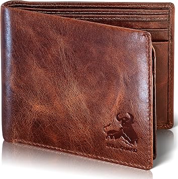 BULL GUARD RFID Blocking Bifold Mens Wallet Premium Top Grain Leather Brown Extra Capacity Wallet for Men Genuine Leather Western Brown, 11+ Cards, Flip Up ID Window, Gift For Men in Nice Gift Box
