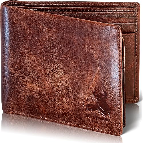 BULL GUARD RFID Blocking Bifold Mens Wallet Premium Top Grain Leather Brown Extra Capacity Wallet for Men Genuine Leather Western Brown, 11+ Cards, Flip Up ID Window, Gift For Men in Nice Gift Box