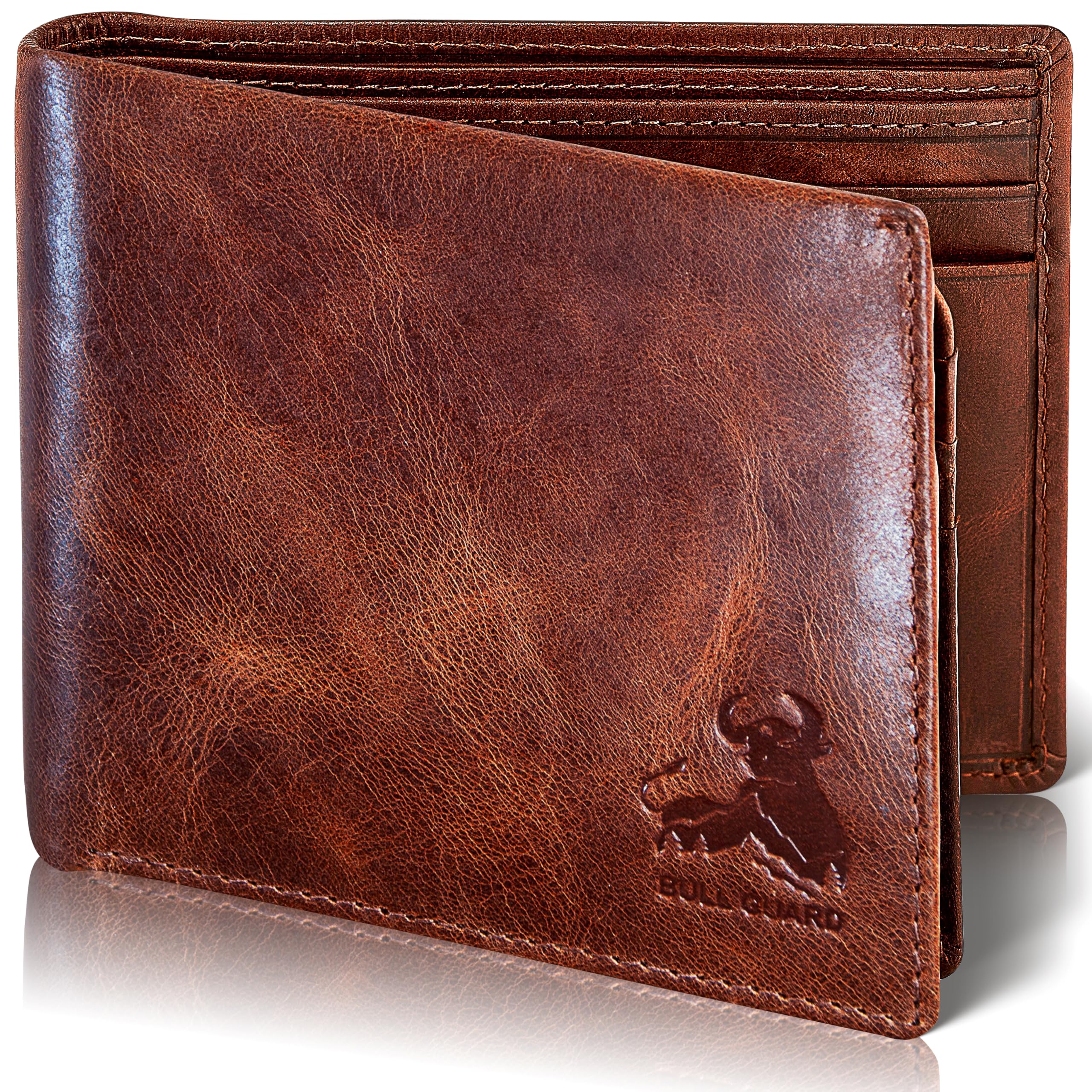 BULL GUARD RFID Blocking Bifold Mens Wallet Premium Top Grain Leather Brown Extra Capacity Wallet for Men Genuine Leather Wes