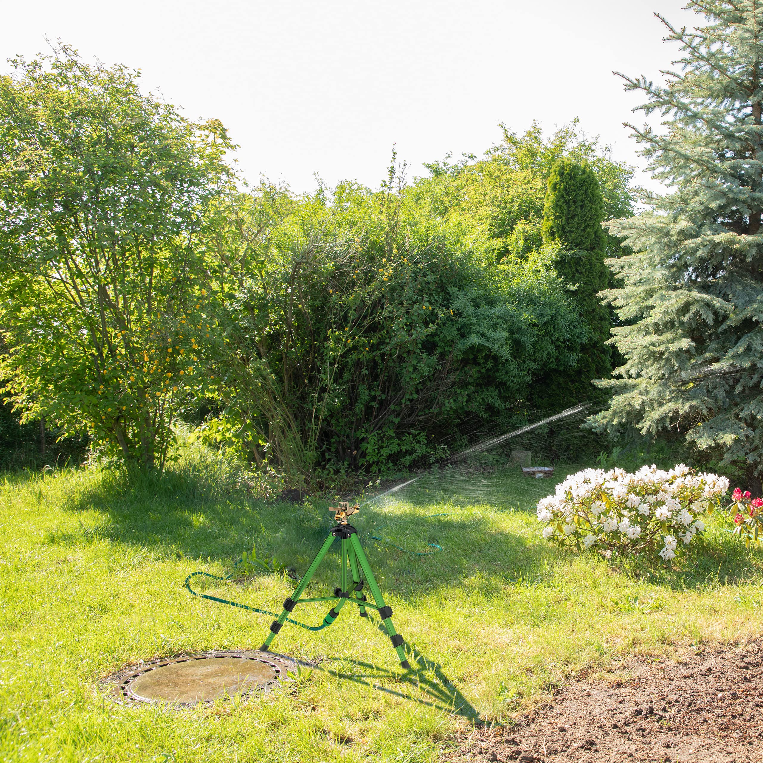 Relaxdays Sprinkler mit Teleskop-Stativ, Sprühradius bis 9 m, Sektorenregner Metall, 360°, Impulsregner, grün/schwarz