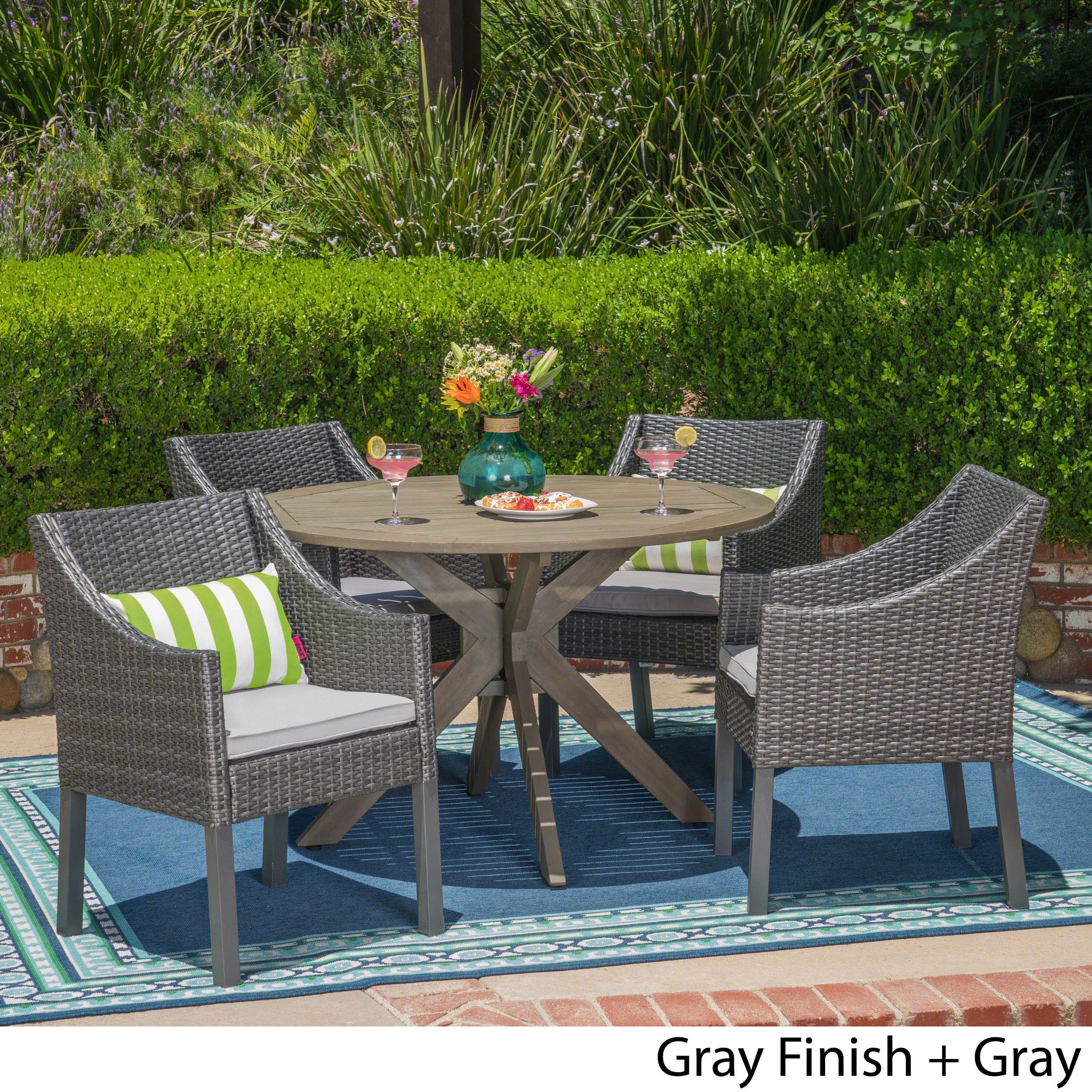 Orwel - Juego de comedor de madera y mimbre para exteriores, 5 piezas, acabado gris/gris 2