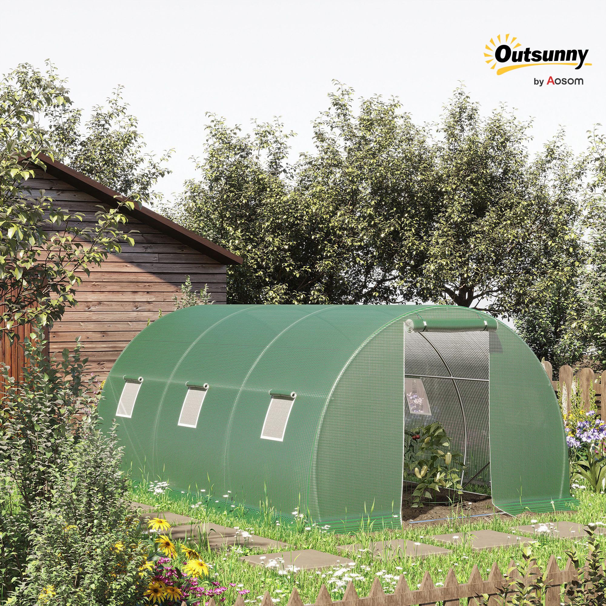 Outsunny Invernadero de Exterior 4,5x3x2 m, Invernadero de Túnel con Puerta Enrollable, 6 Ventanas de Malla, Cubierta PE 140g/m² y Marco de Acero Galvanizado, Anti-UV Impermeable, para Cultivos, Verde