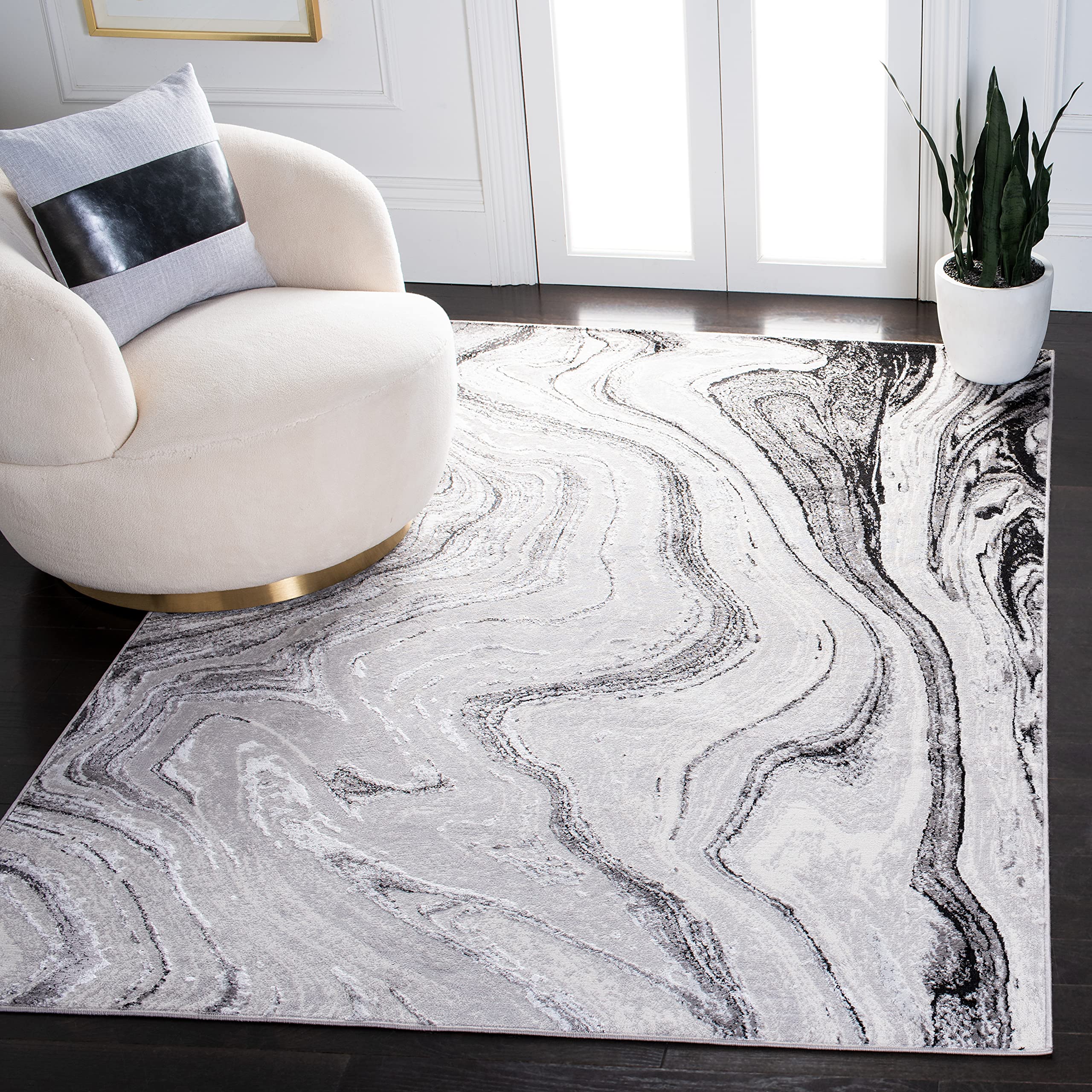 SAFAVIEH Contemporary Rug for Living Room, Dining Room, Bedroom - Amelia Collection, Short Pile, in Grey and Gold, 91 X 152 cm
