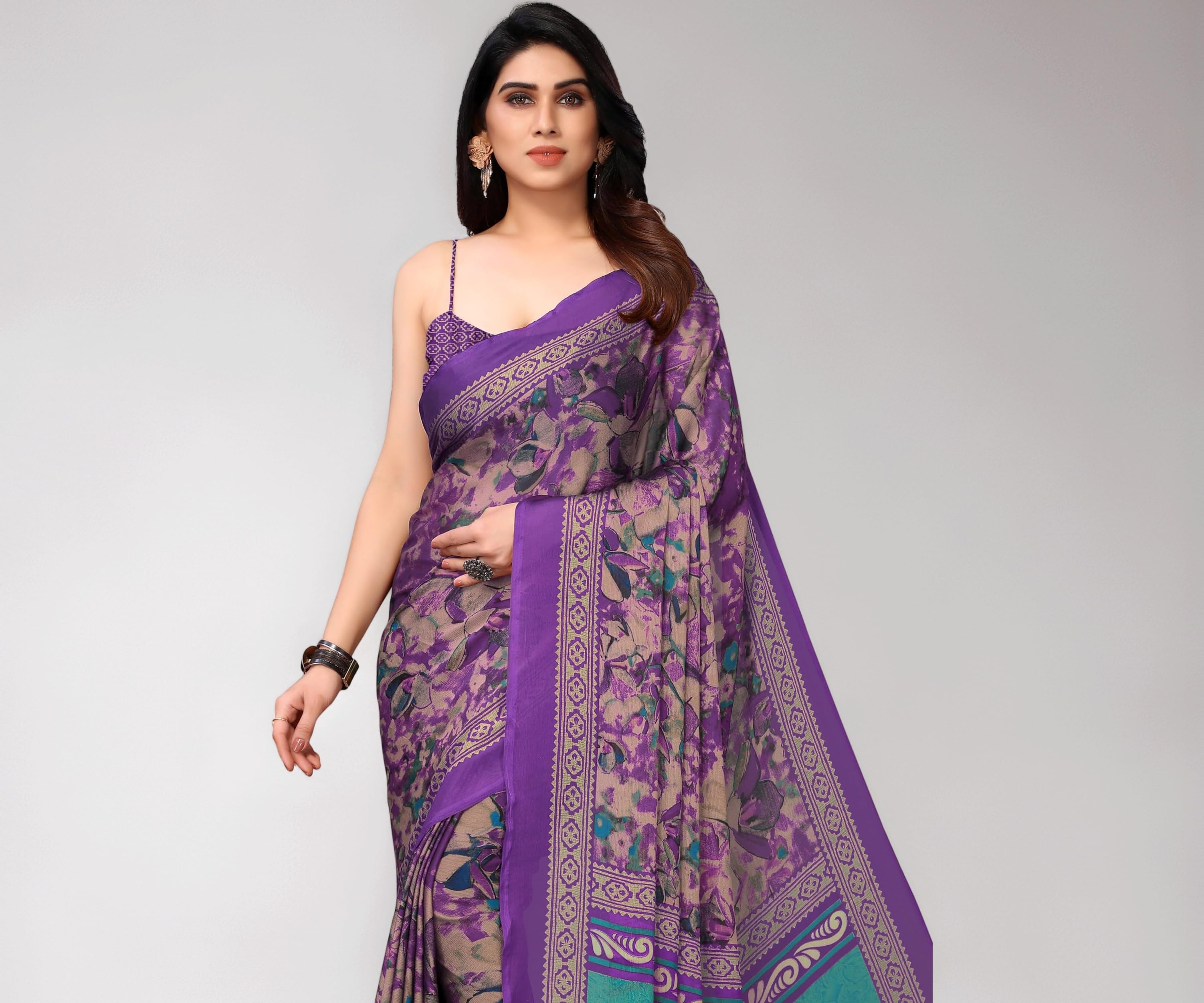 MIRCHI FASHION Women Saree Ethnic Motif Print Chiffon | Breathable Lightweight Plain Weave Sari for Office and Daily Use (Available in 20 Designs)