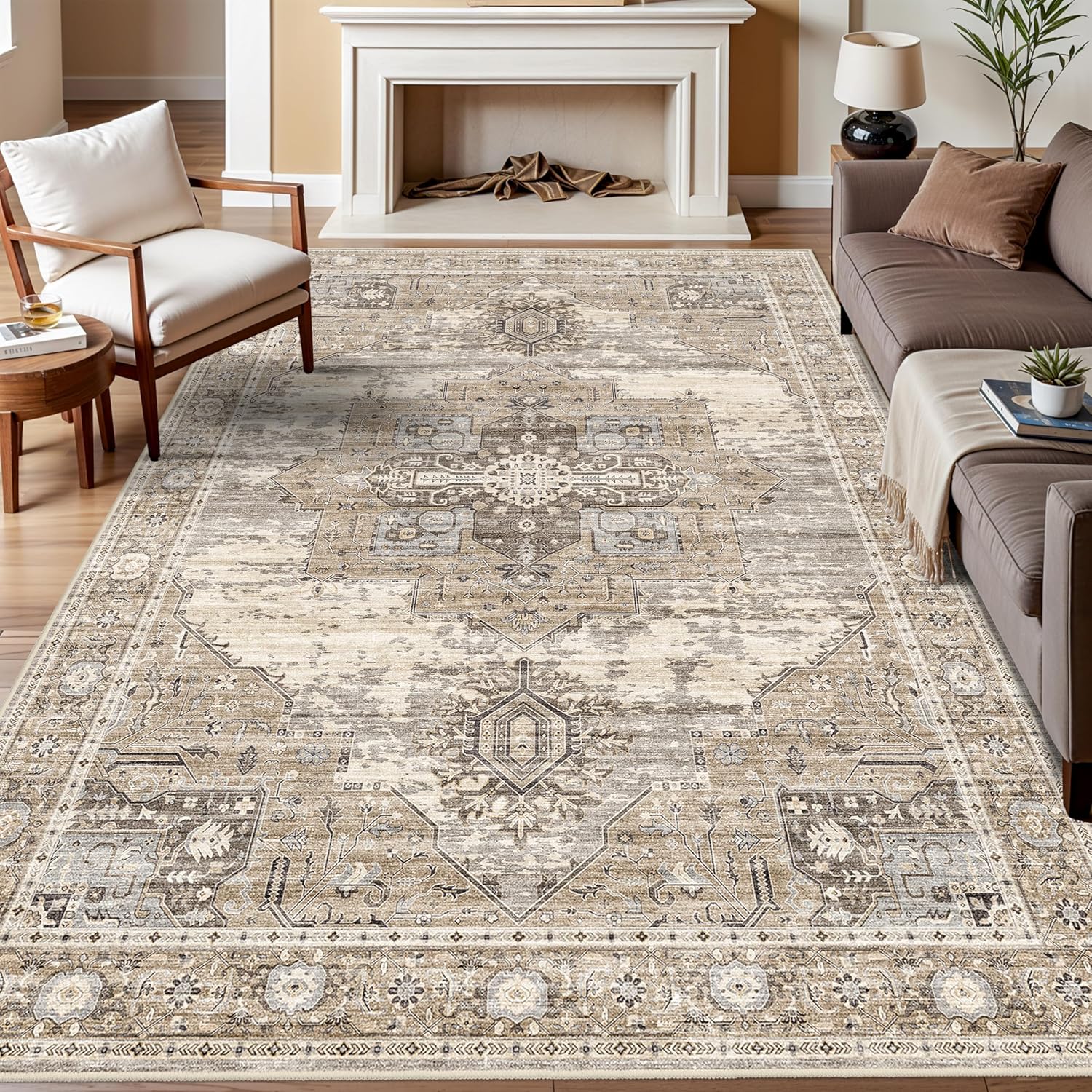 RUUGME Washable 7x9 Area Rug - Vintage Area Rugs with Non Slip Backing Stain Resistant Carpet for Bedroom Dining Room Indoor Soft Carpets Home Decor Decoration Mat 7x9 Beige 7' x 9' (Rectangular) Beige