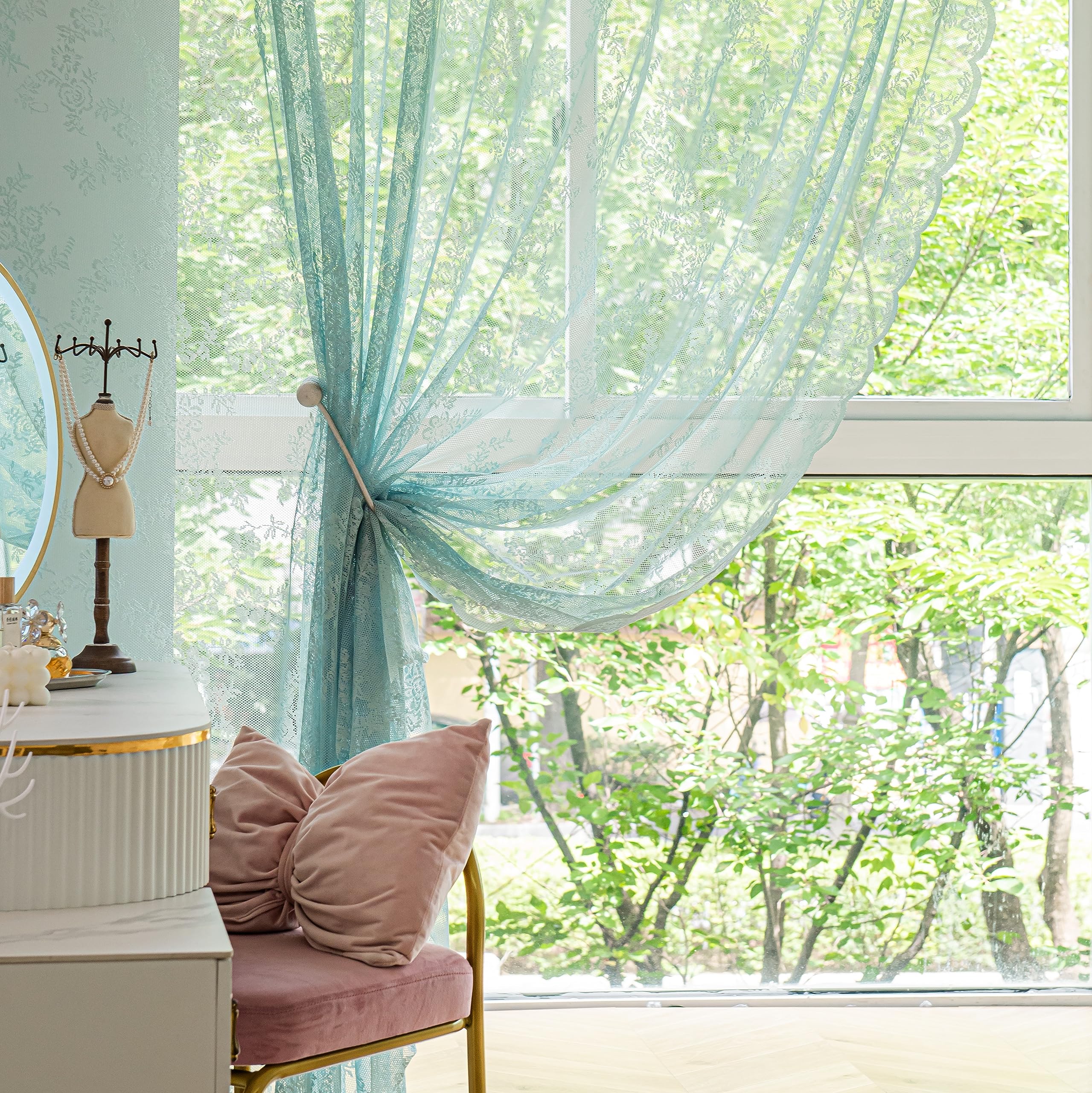 Amazon｜Sutuo Home ティールブルーレースカーテン2枚セット シアー