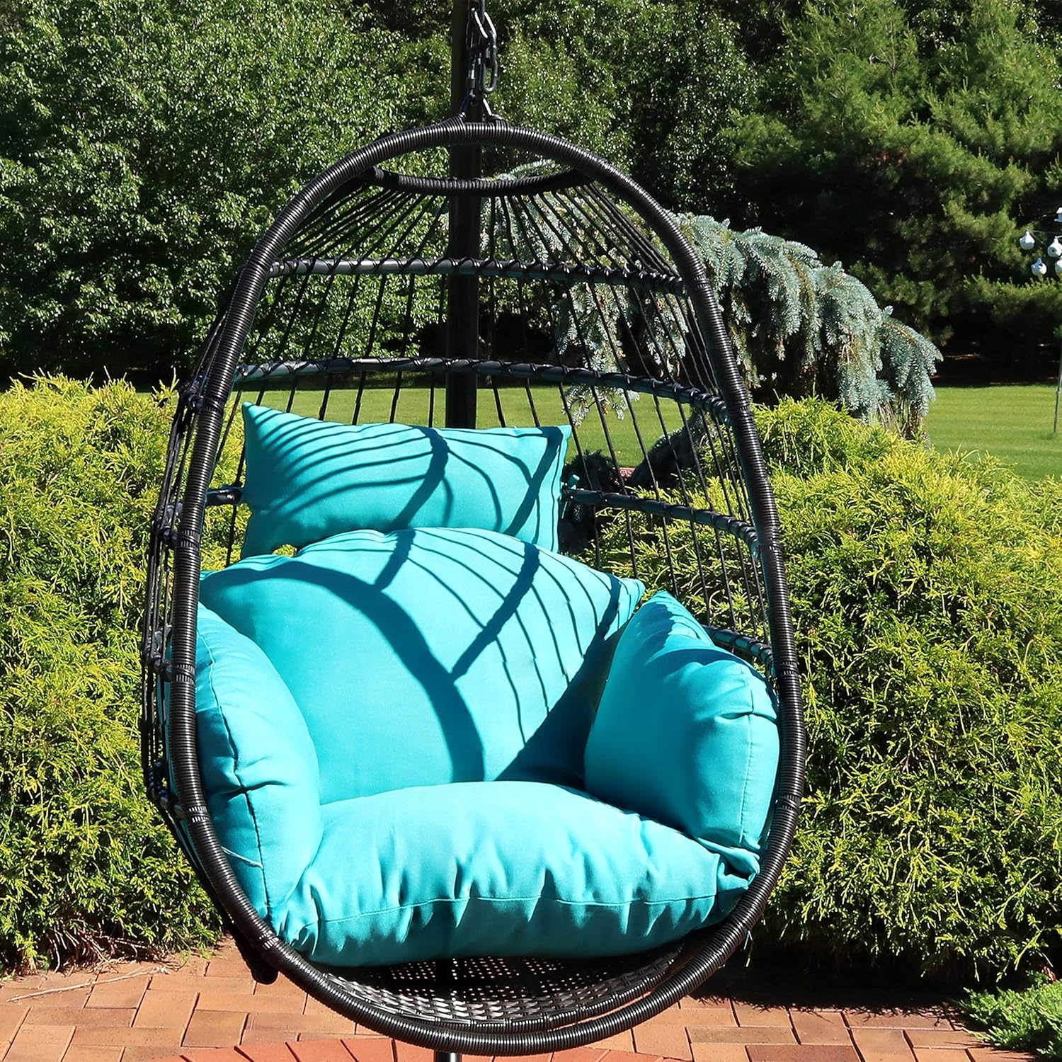 Sunnydaze Penelope Black Steel and Polyethylene Wicker Hanging Egg Chair with Turquoise Polyester Cushions - 45-Inch Tall