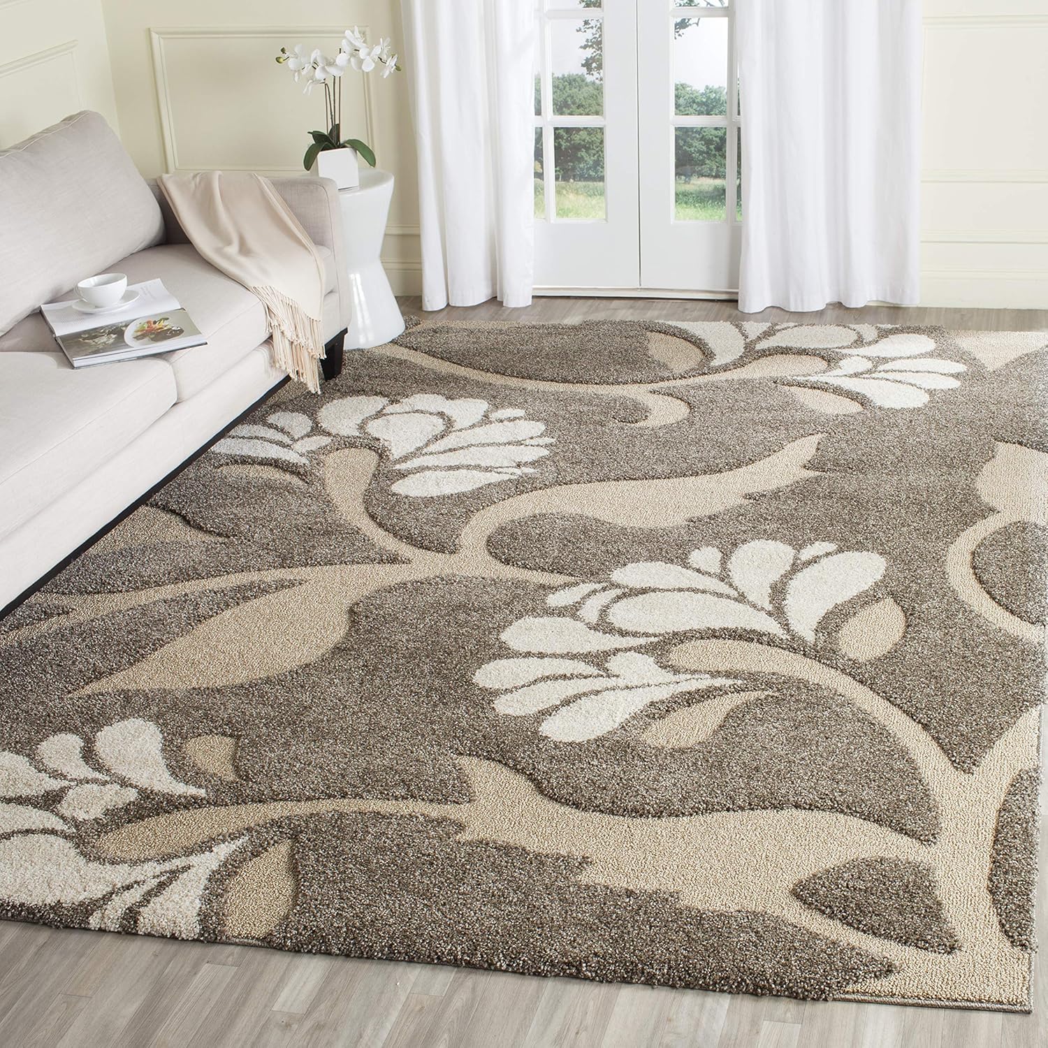 SAFAVIEH Florida Shag Collection Area Rug - 8'6" x 12', Smoke & Beige, Floral Design, Non-Shedding & Easy Care, 1.2-inch Thick Ideal for High Traffic Areas in Living Room, Bedroom (SG459-7913)
