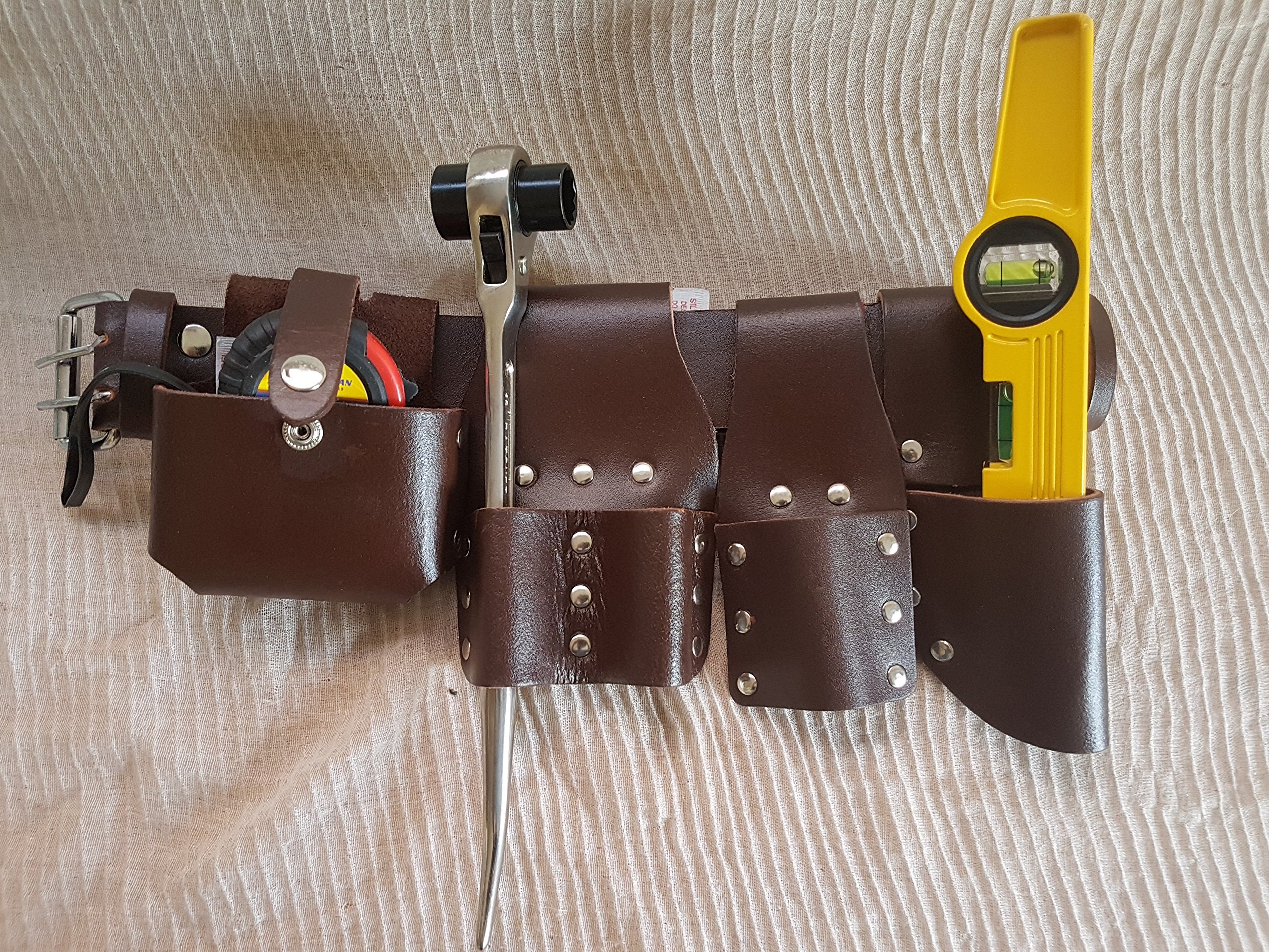 Bbi Ltd Brown Scaffolding Leather Bbi Tool Work Belt With Tool Set Spanner Ratchet Level Tapepouch/Pockets/Frog (Belt 1721Level Tape)