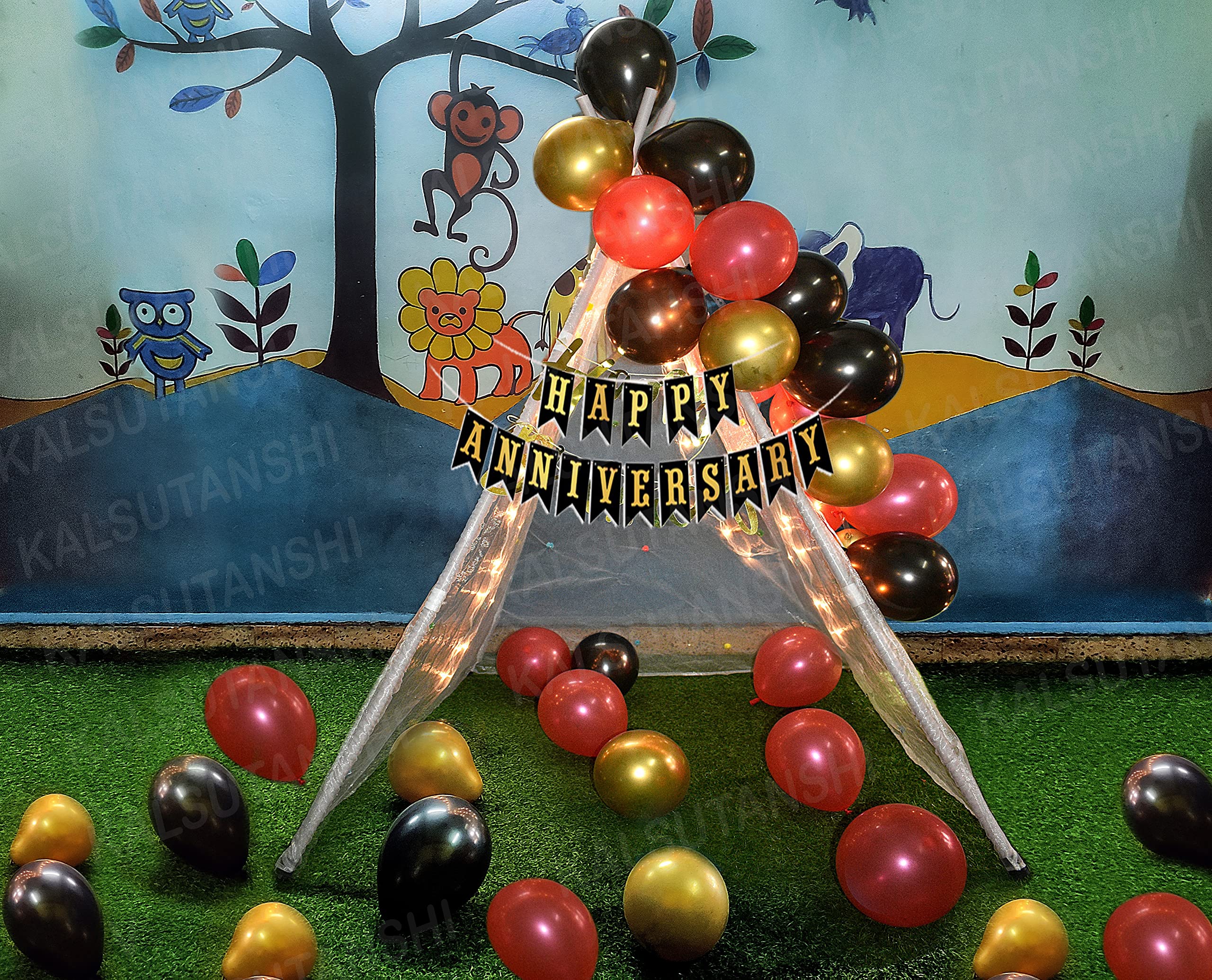 KALSUTANSHI ᵀᴹ Readymade Stitched Decoration Tent with Piping Assembly+ LED Light +Balloons for Event Decorations Bday|Anniversary|Love|Surprise (ANNIVERSARY, TENT+LIGHT+BALLOON (GOLD-RED-BLACK))