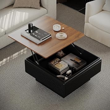 31" Lift Top Coffee Table with Hidden Storage, Mid Century Modern Center Table for Living Room, Space-Saving Square Table with Hammered Texture, Child-Safe Rounded Corners,Black and Brown