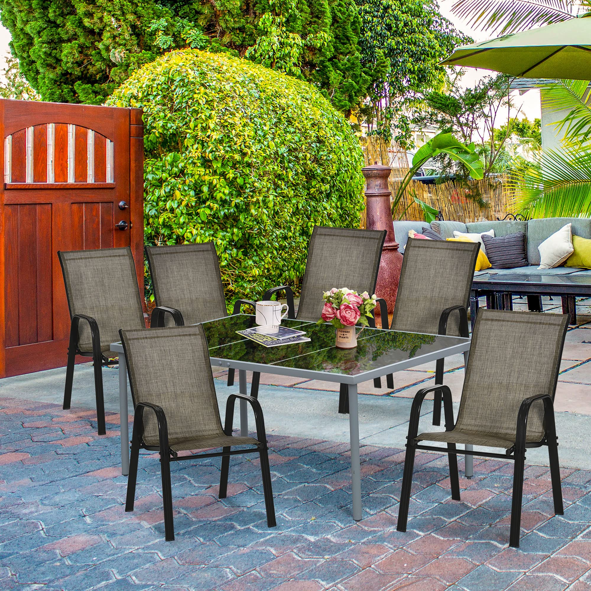 Outsunny Juego de 6 Sillas de Jardín Apilables para Ahorrar Espacio, Sillas de Exterior con Reposabrazos Metálicos y Tejido Transpirable, Marrón