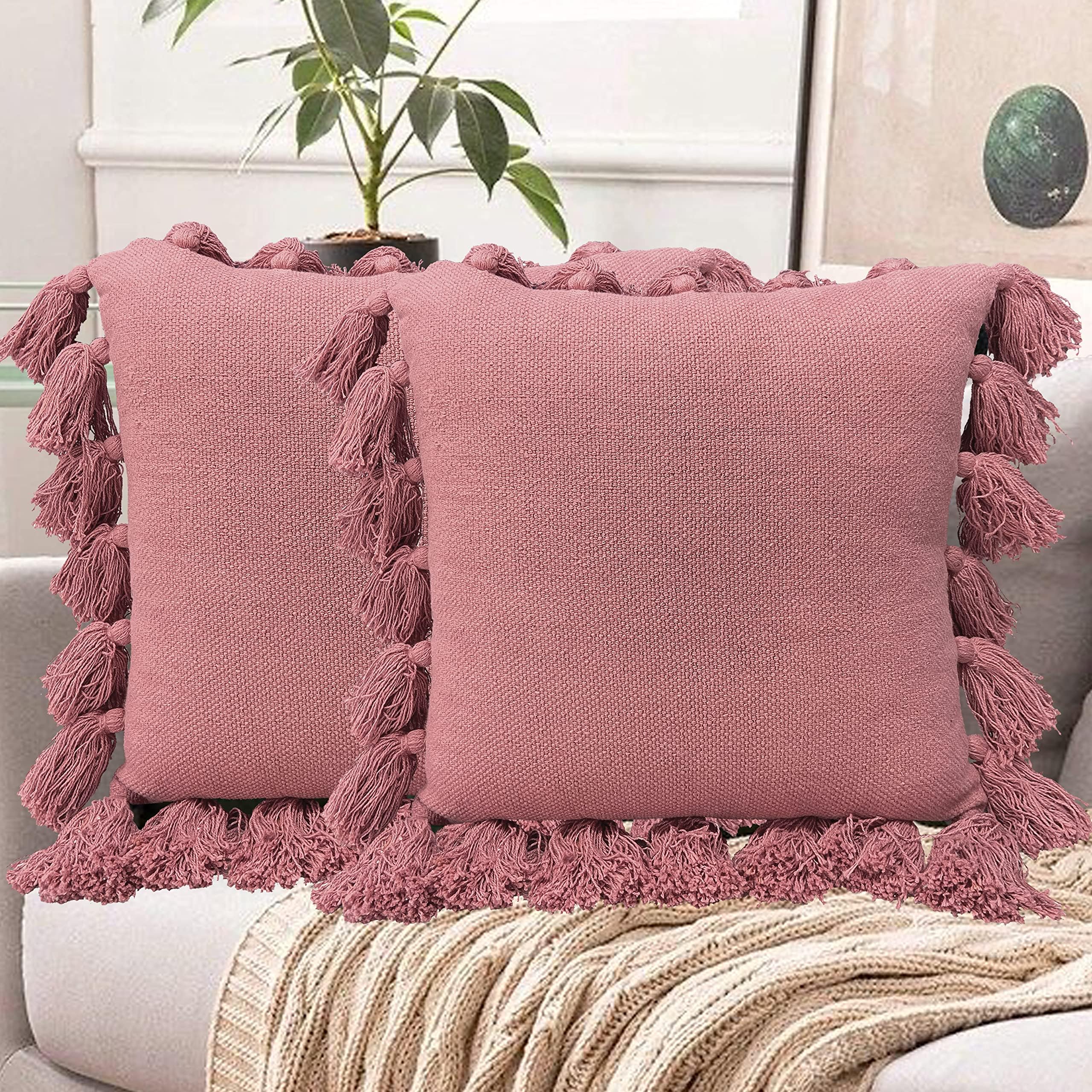 SAJAVAT HOME Cotton Cushion Cover With Tassel 18X18 Inches Wine - Pack Of 2, Stylish Design | Perfect For Home Decor, 500 TC
