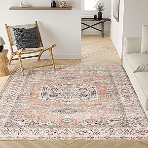 Valenrug Washable Rug 5x7 - Ultra-Thin Antique Collection Area Rug, Stain Resistant Rugs for Living Room Bedroom, Distressed Persian Boho Rug(Peach/Yellowish, 5'x7')