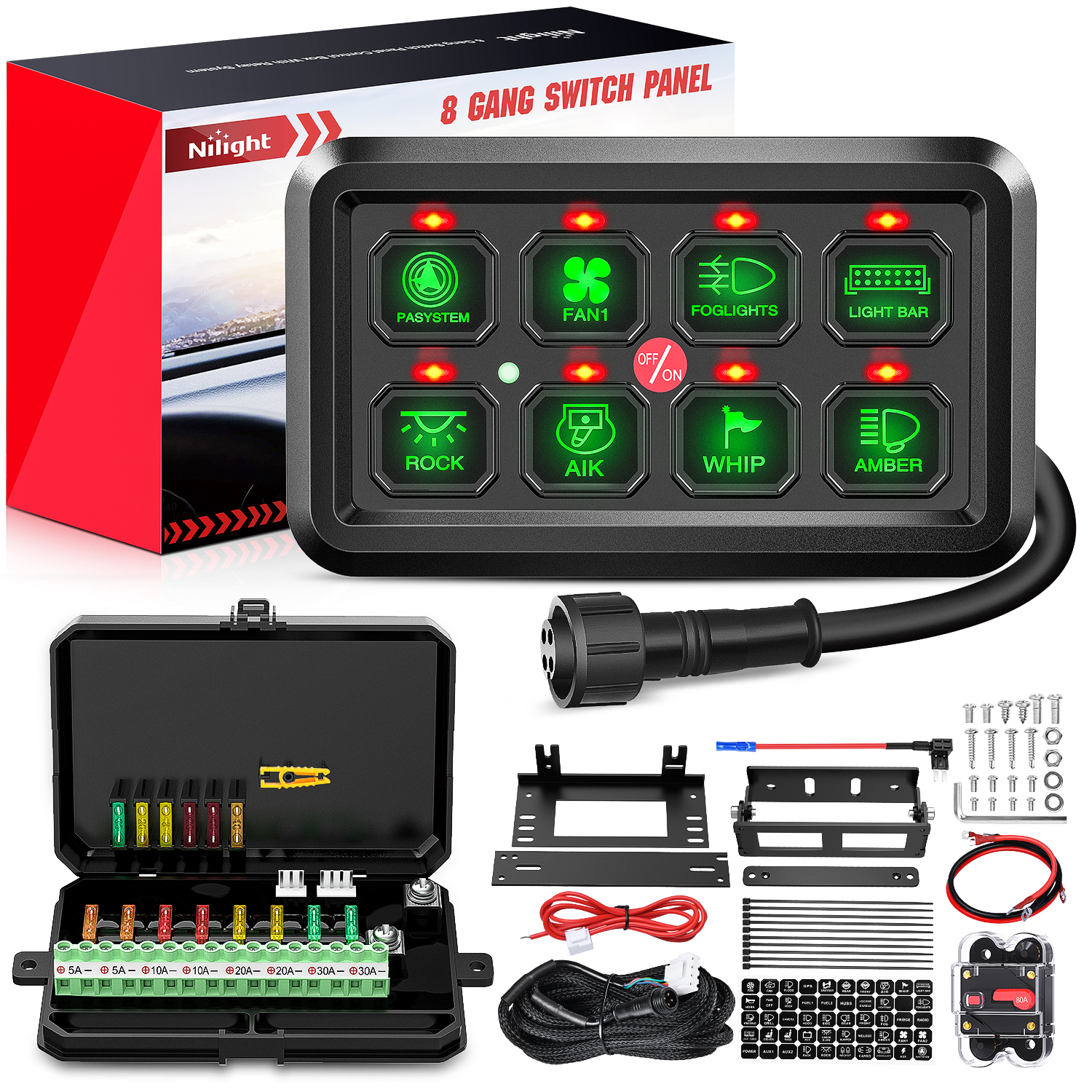 Image of Nilight 8 Gang Switch Panel System Circuit Control Relay System Fuse Wiring Harness Automatic Dimmable ON Off LED Switch Pod for 12V Cars Trucks Campers SUV, 2 Years Warranty | Universal Circuit Control Fuse Wiring Harness ON Off Green Backlit LED Pod for 12V Cars Trucks Boats Campers SUV