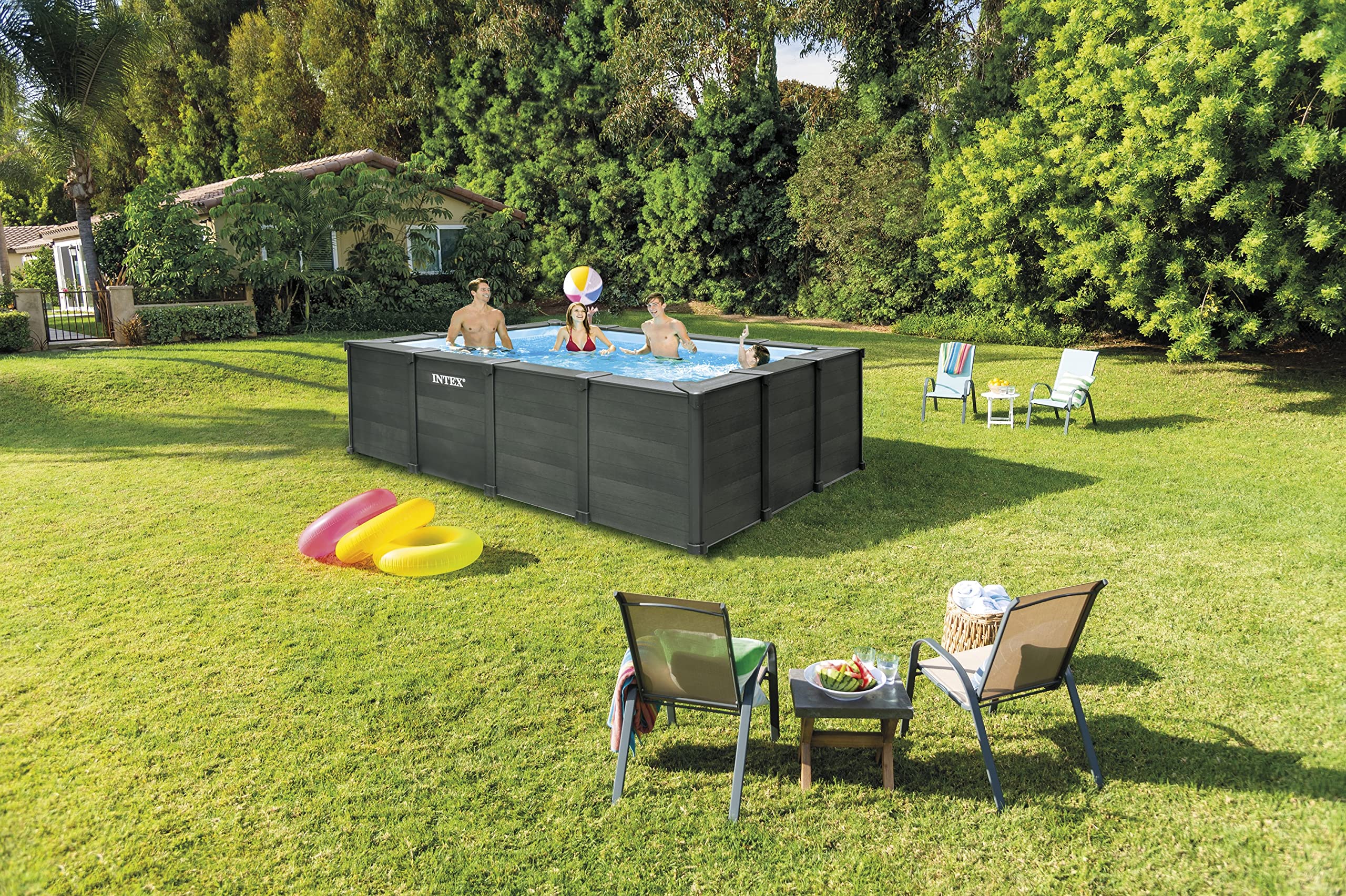 Intex 26396NP - Piscina Graphite Gray Panel Rettangolare, con Pompa Filtro a Sabbia 3500 L/h, Scaletta e Teli, 400x300x124 cm