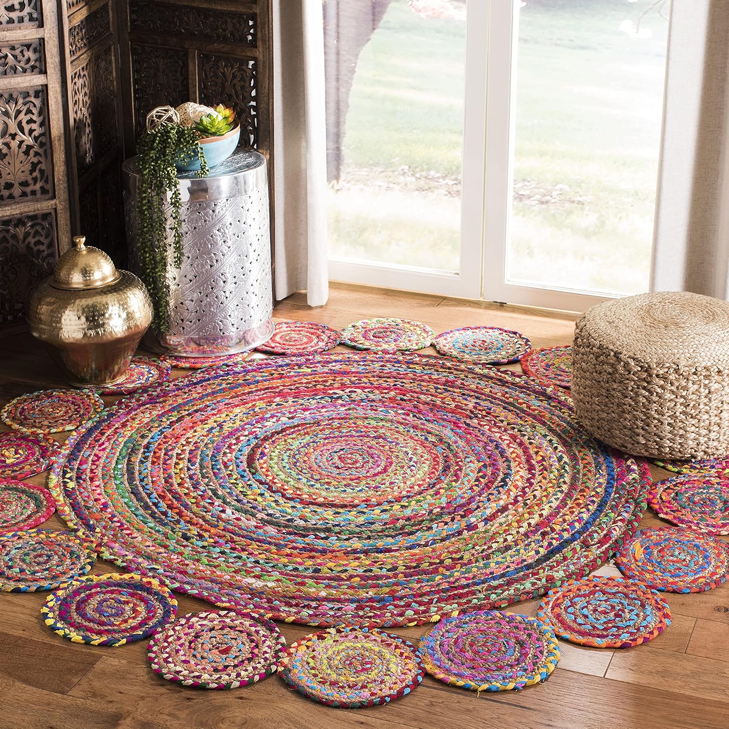 SAFAVIEH Cape Cod Collection 3' Round Red / Multi CAP211Q Handmade Boho Braided Jute & Cotton Area Rug
