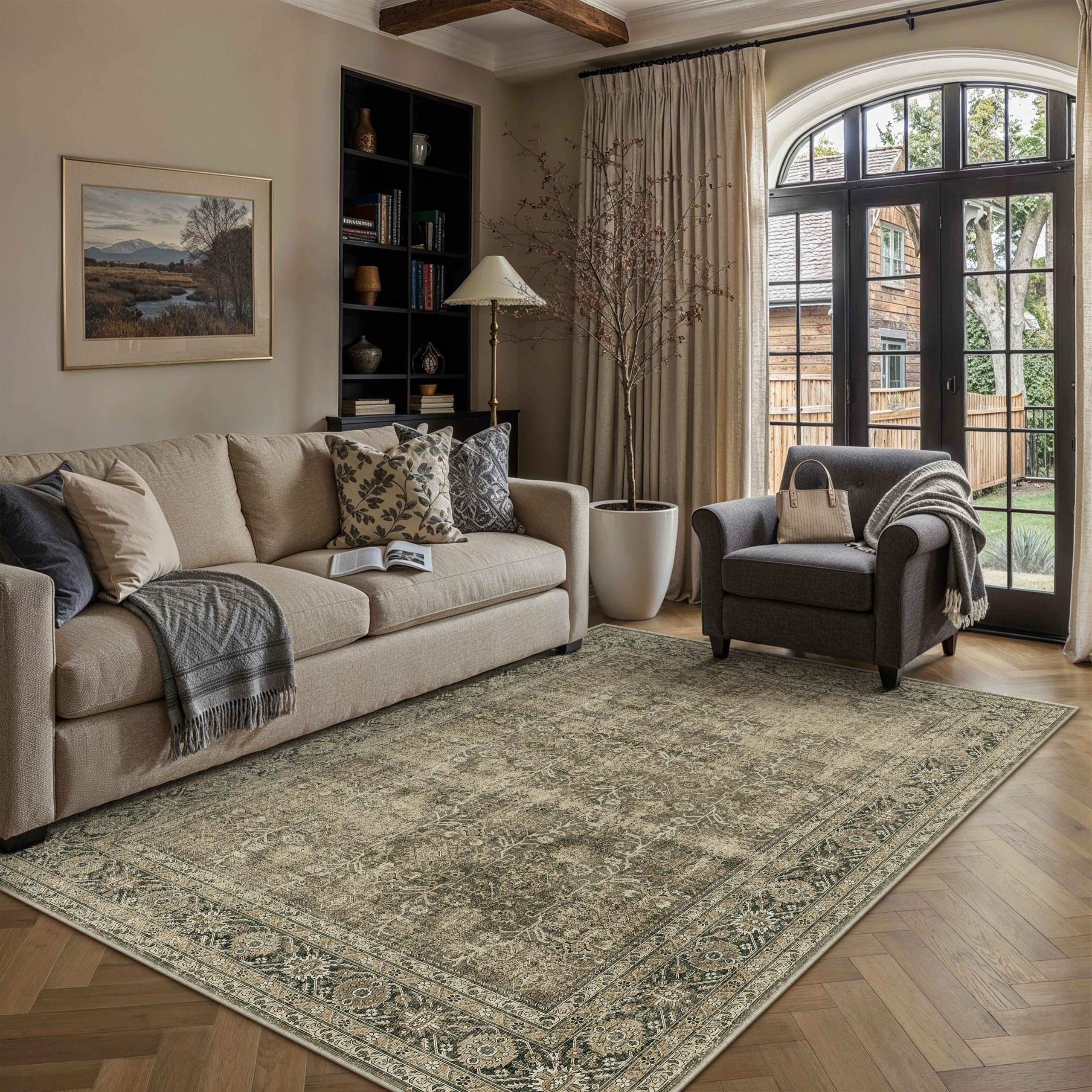 PureCozy Light Brown Area Rug 5x7 Vintage Traditional Distressed
