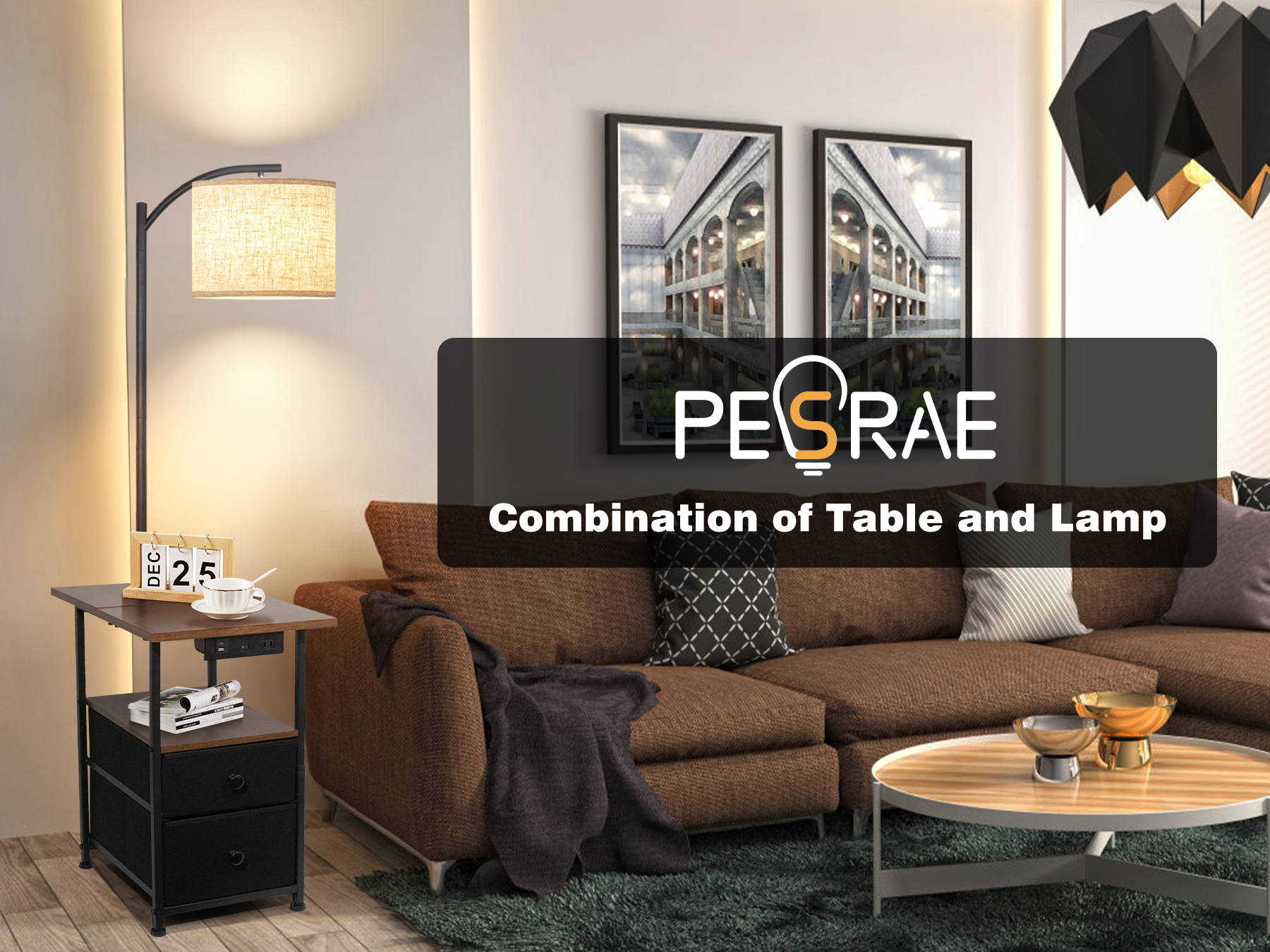 Image of PESRAE Floor Lamp with Table & 2 Drawers, End Table with Lamp | Charging Station with USB, Type-C & AC Outlet; 9W LED Bulb with 3 Color Temperatures for Bedroom, Living Room & Home Office