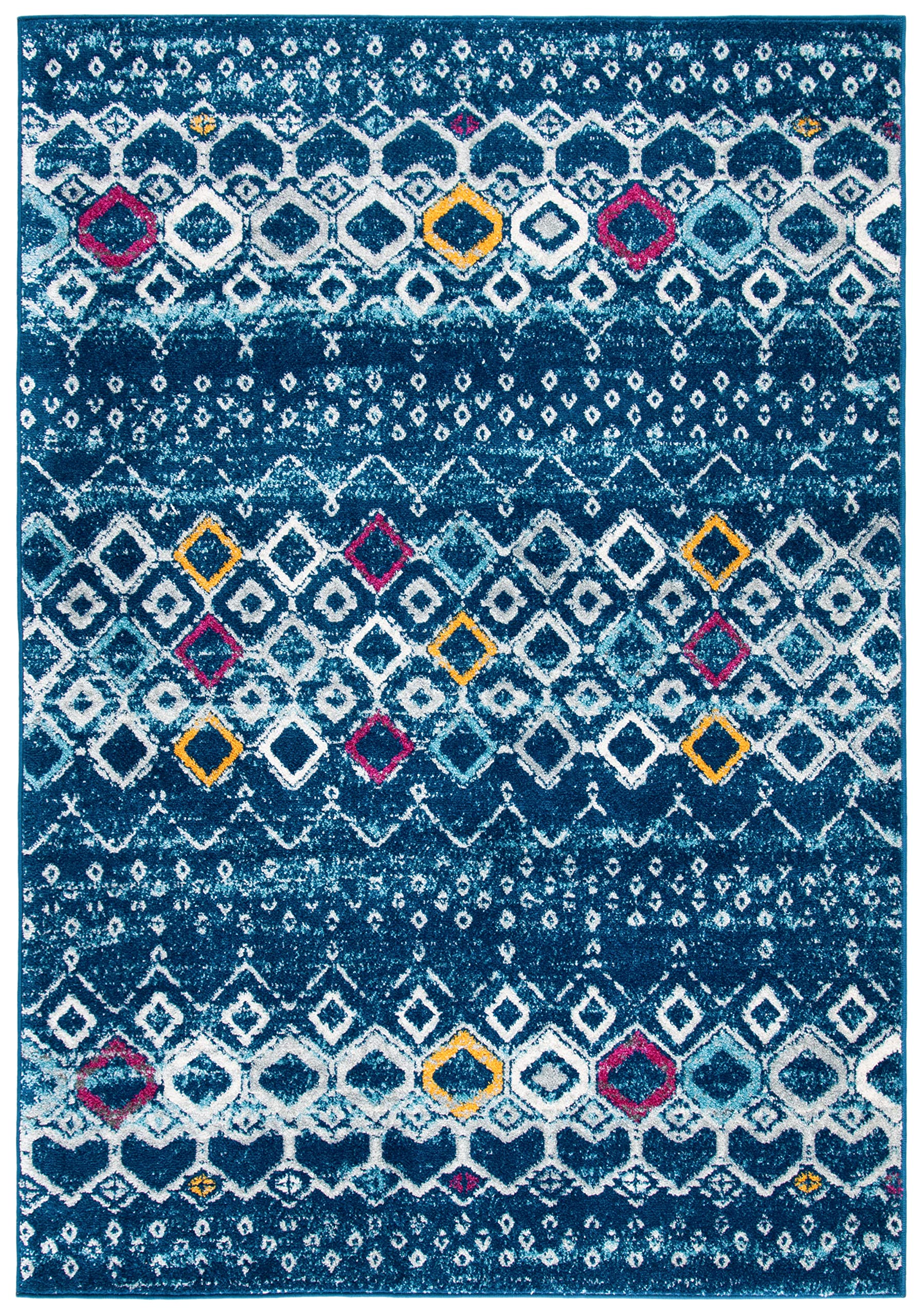 SAFAVIEH Amsterdam Collection Accent Rug - 2'3" x 4', Navy & Turquoise, Moroccan Boho Design, Non-Shedding & Easy Care, Ideal for High Traffic Areas