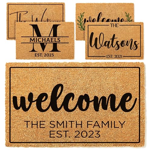 Personalized Doormat with Family Name & 6 Designs, 18' x 30' - Durable Coir Fiber with Anti-Slip Backing, Outdoor-Indoor