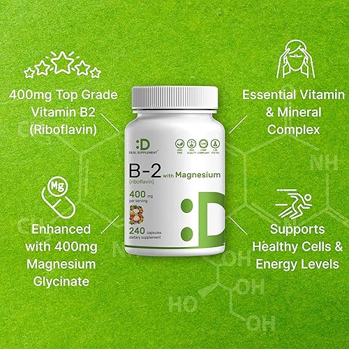 Miniatura 5 de DEAL SUPPLEMENT Vitamina B2 400 mg (Riboflavina) | con glicinato de magnesio 400 mg, 240 Cápsulas – 2 en 1 apoya el sistema nervioso saludable,