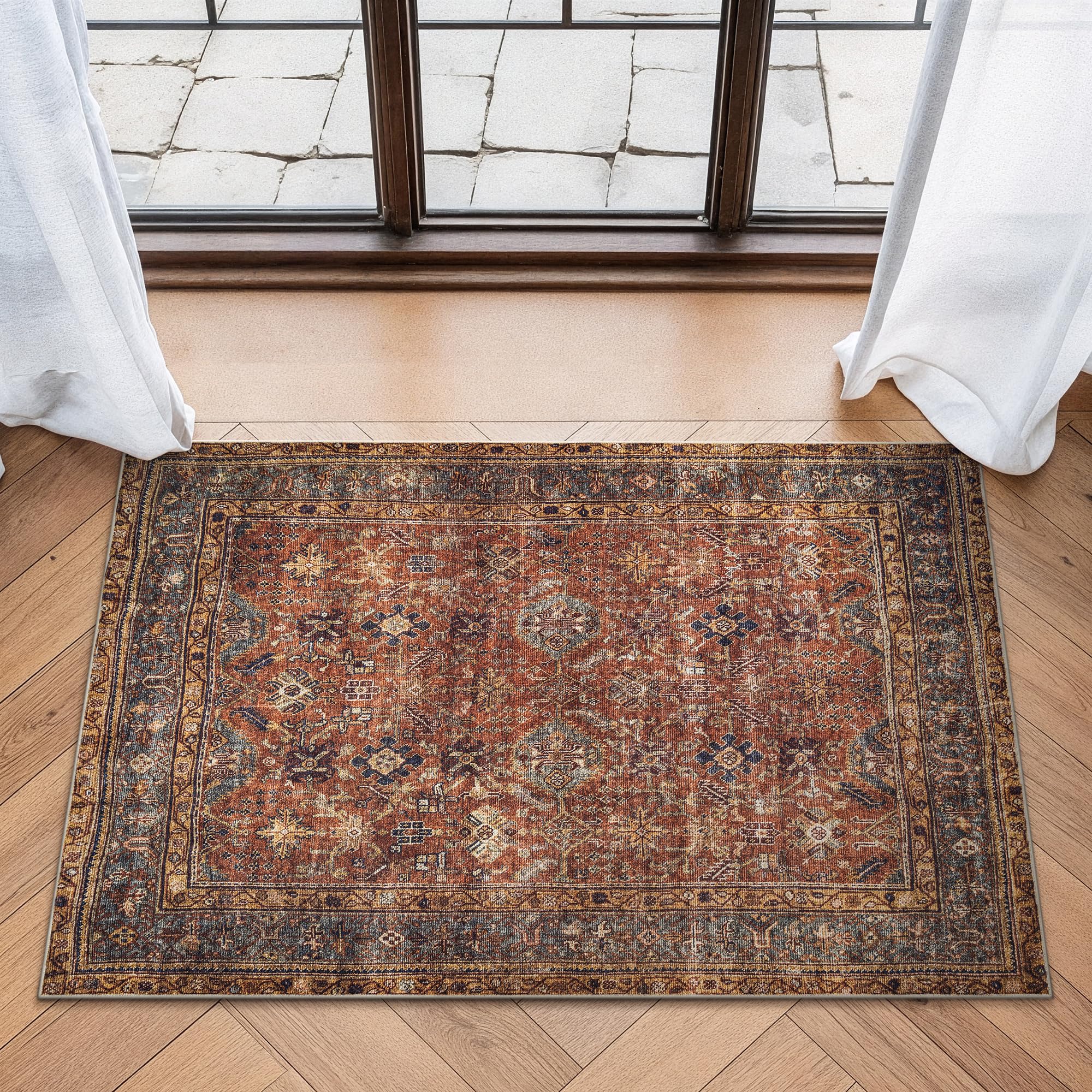 Bloom Rugs Washable Non-Slip 2' x 3' Rug - Terracotta/Mustard Traditional Oriental Area Rug for Living Room, Bedroom, Dining Room, and Kitchen - Exact