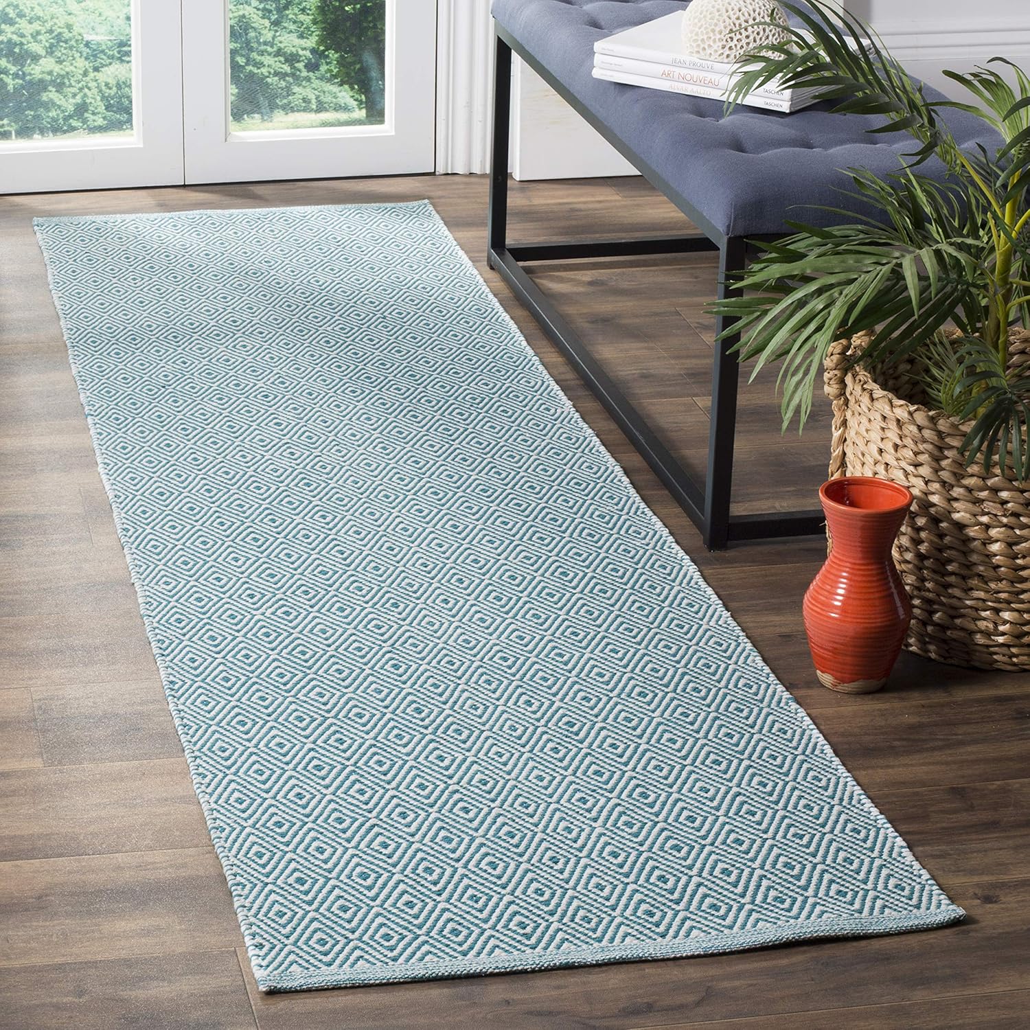 SAFAVIEH Montauk Collection Runner Rug - 2'3" x 6', Ivory & Turquoise, Handmade Flat Weave Cotton, Ideal for High Traffic Areas in Living Room, Bedroom (MTK515B)