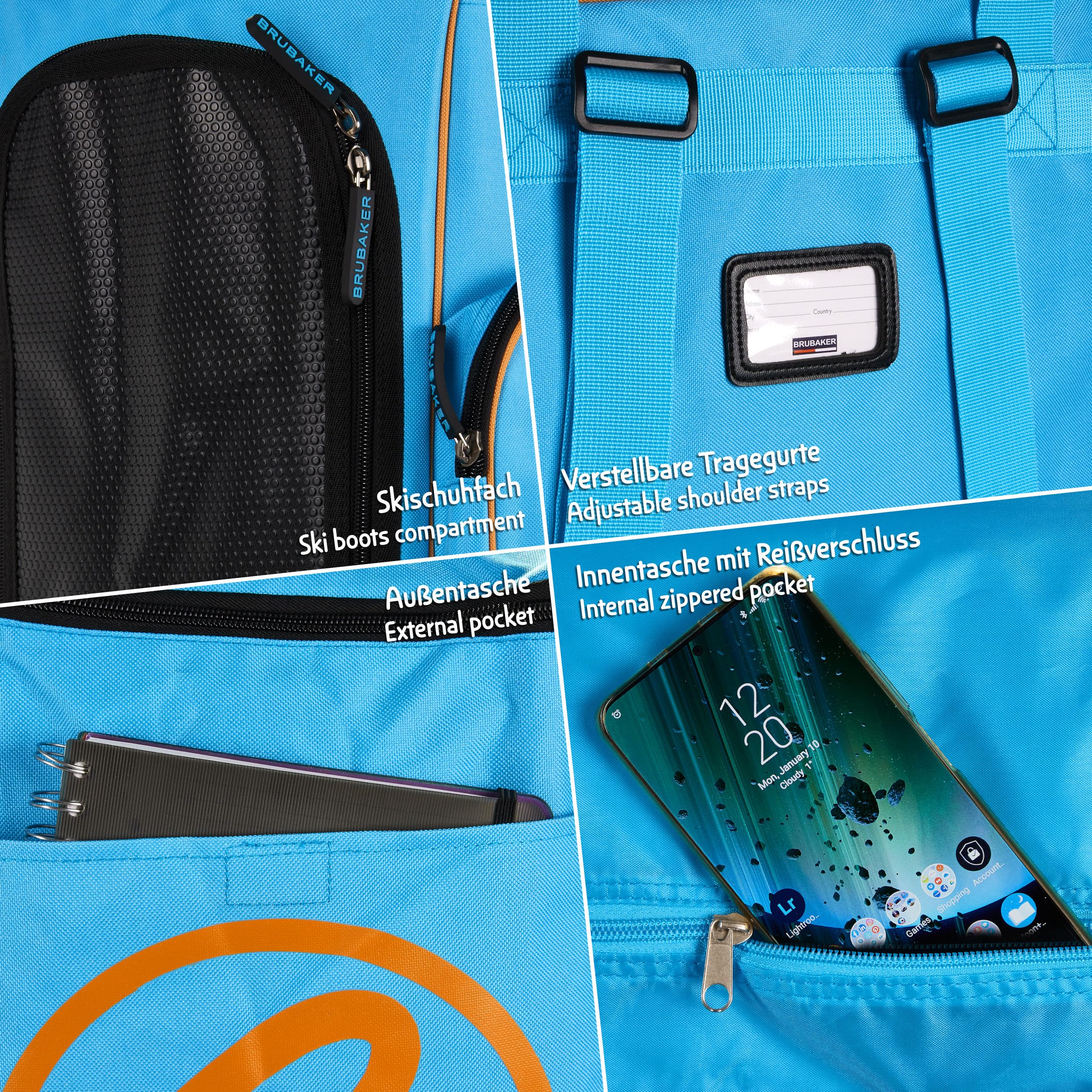 BRUBAKER Set de Ski ‘Champion’ - Série limitée - Housse à Skis et Sac à Chaussures de Ski pour 1 Paire de Skis + Bâtons + Chaussures + Casque - 170 cm - Bleu Orange
