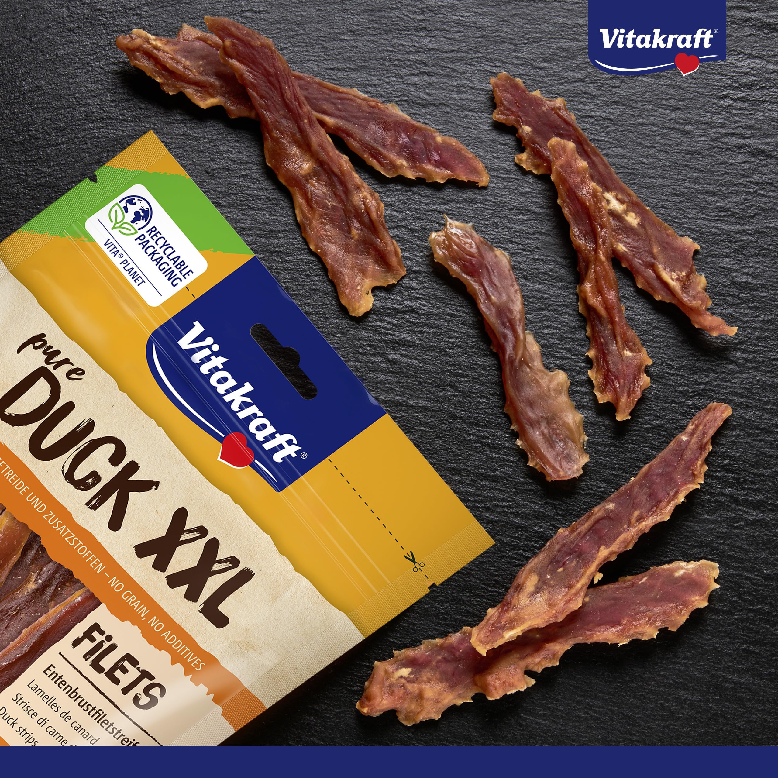 Vitakraft Pure Duck XXL Filet, Hundeleckerli, Entenbrustfiletstreifen, Hunde Trainingsleckerli, ohne Zusatz von Zucker (6x 250g)