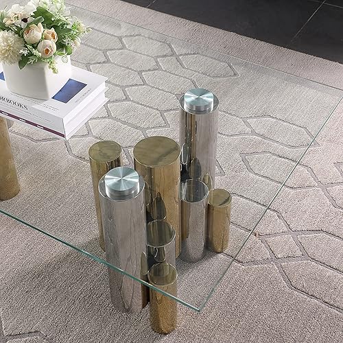 Miniatura 6 de Goujxcy Mesa auxiliar cuadrada de 48 pulgadas de ancho con parte superior de vidrio, mesa de centro de vidrio templado de acero inoxidable dorado