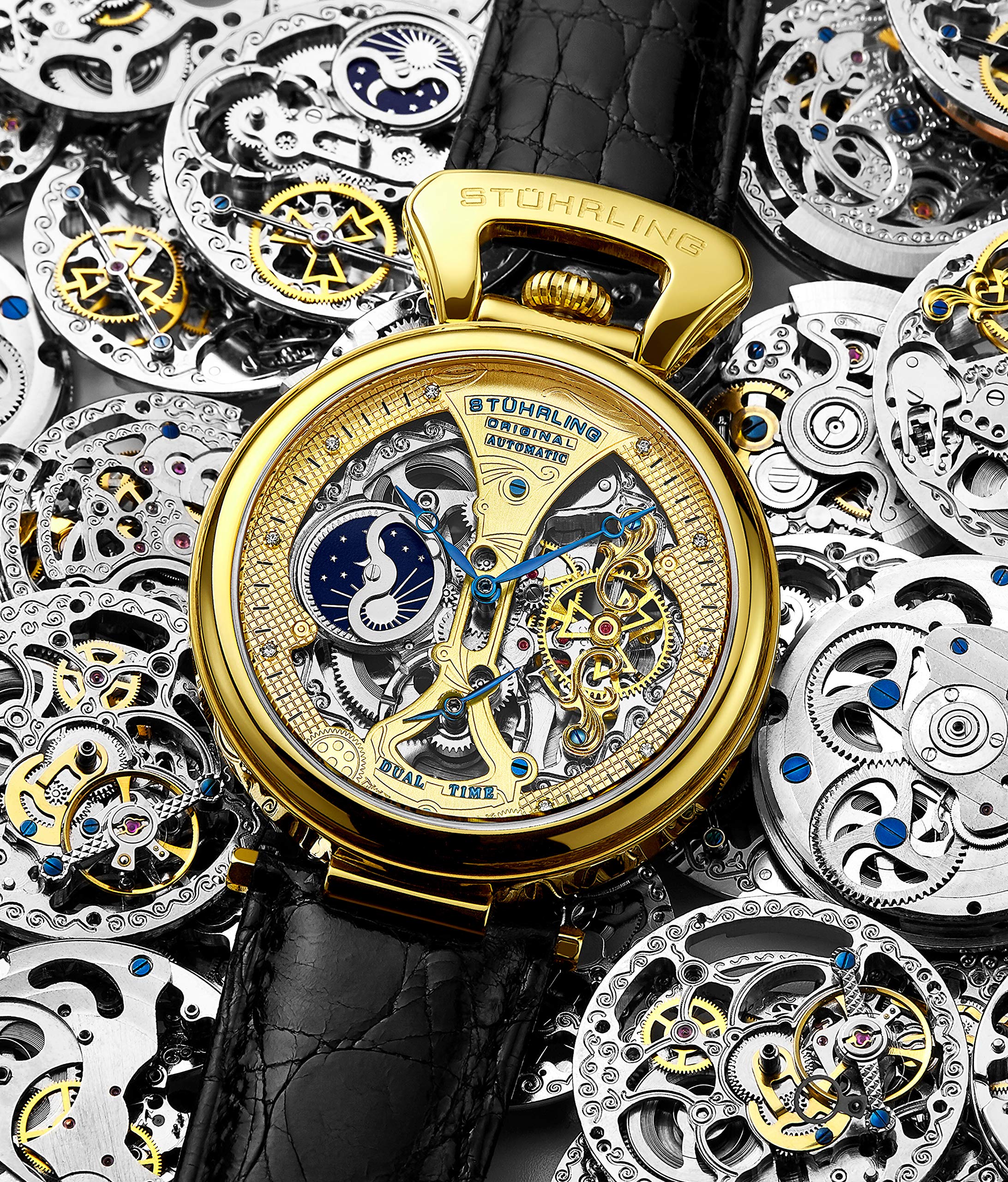 Stührling Original Mens Skeleton Watch Dial Automatic Watch with Calfskin Leather Band and - Dual Time AMPM Sun Moon Gold product thumbnail 8