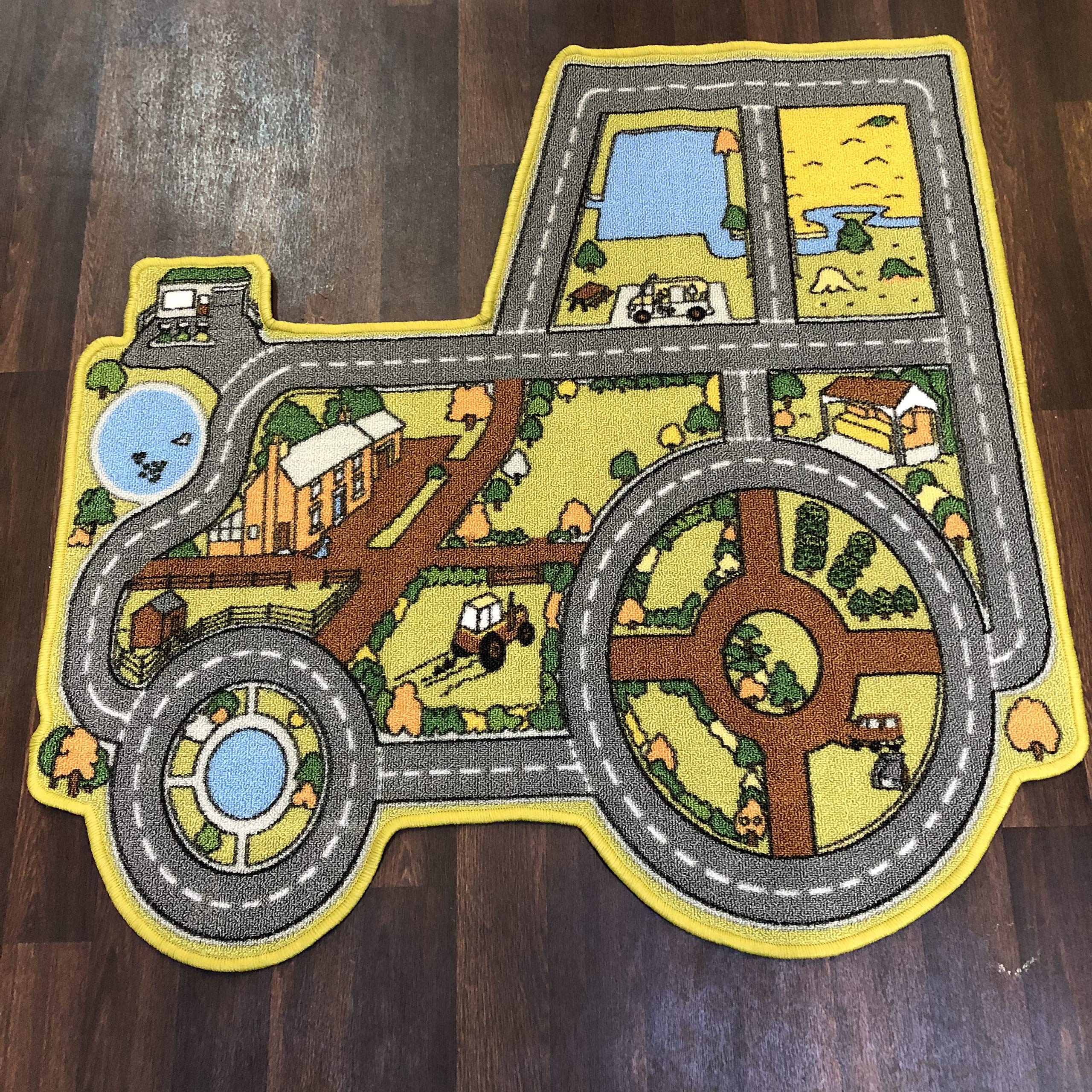 Orientalrugcompany Yellow Non Slip Kids Tractor Educational Play Mat/Rug 100Cm X 100Cm Hours Of Fun