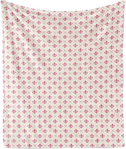 Miniatura 1 de Ambesonne Fleur De Lis Throw Blanket, Pink Colored Lily Flower Motifs with Checkered Pattern French Heraldry, Flannel Fleece Accent Piece Soft Couch
