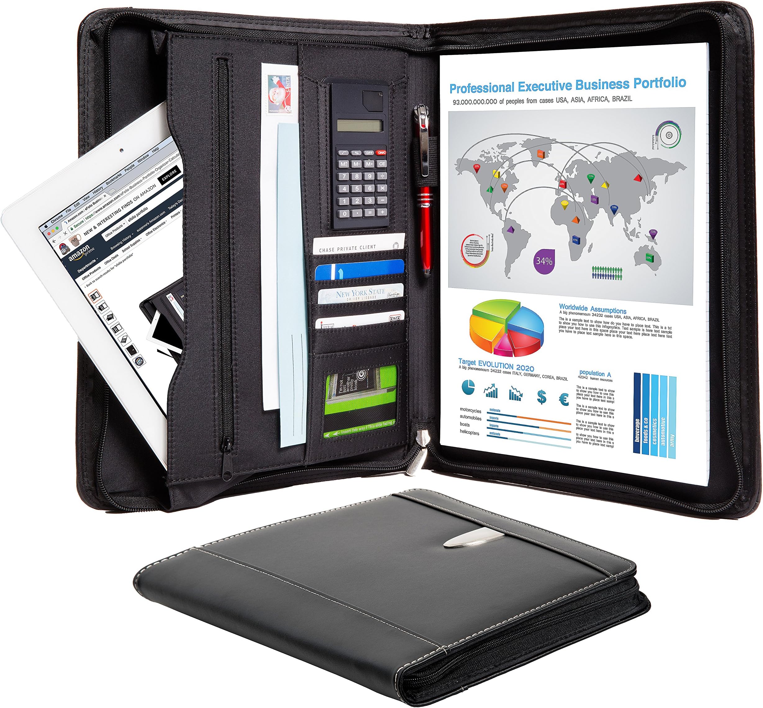 Business Portfolio Padfolio Binder โ Professional Genuine Leather Padfolio - Zippered Executive Portfolio Organizer, A4 Replaceable Notepad, Calculator, iPad/Tablet Sleeve & Card Holder - eFolio