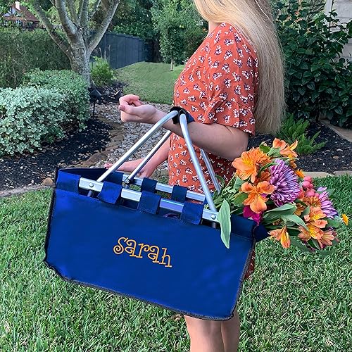 Miniatura 2 de Threadart Cesta de mercado plegable grande bordada personalizada, color gris, marco de aluminio, tela de poliéster, práctico diseño plano plegable,