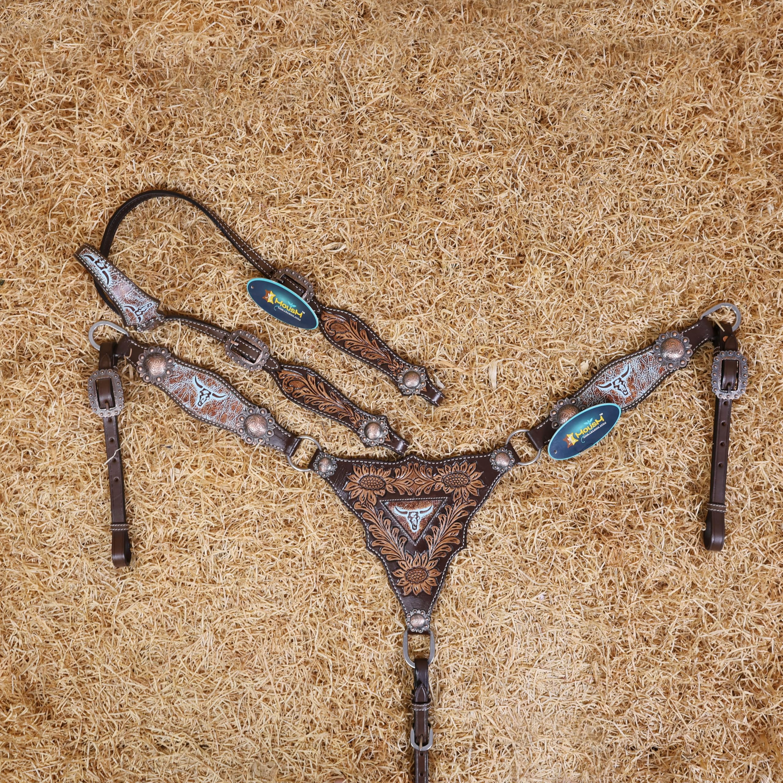 Western Leather Headstall and Breast Collar Set – Sunflower Carving with Steer Head Motif and Copper Congress Conchos – Antique Copper Hardware – Argentina Cow Leather