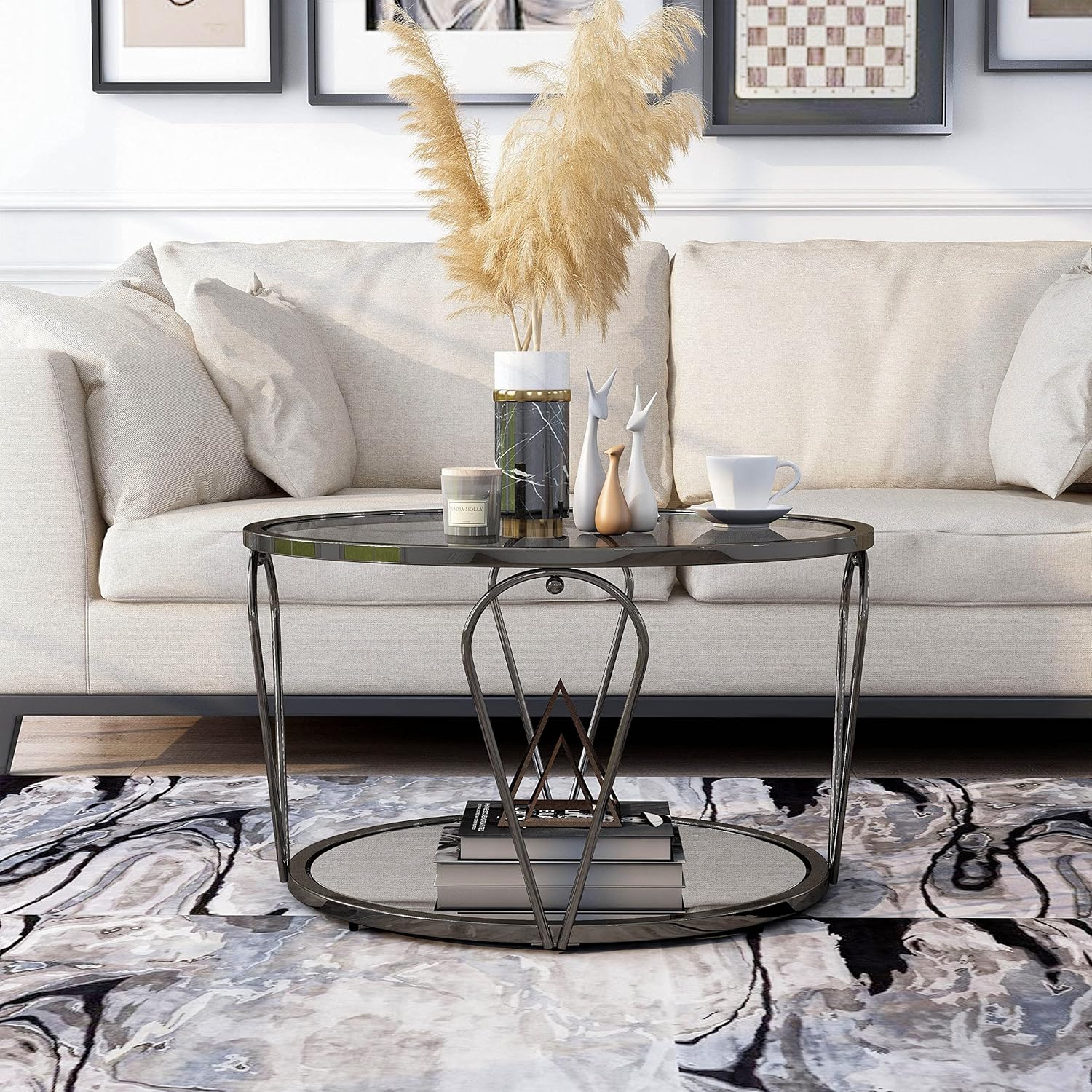 Furniture of America Pacific Luxury Glam 1-Shelf Glass Top 32 in. Round Coffee Table for Living Room, Bedroom, Reception Room, Black Nickel and Gray