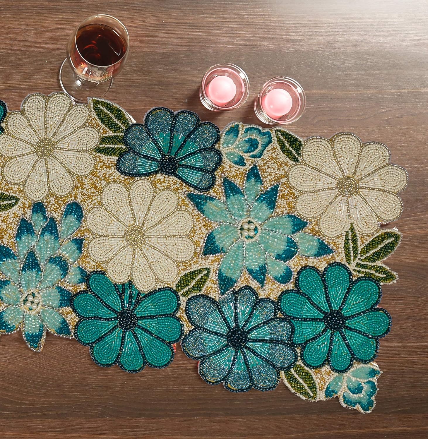 lightnpro Chrtistmas Beaded Table Runner, Christmas Table Runner, Rustic Farmhouse Hand Beaded Runner to Decorate Xmas Wedding Family Party Thanksgiving Dinner Table Décor - 13x36 Inch - Teal Combo