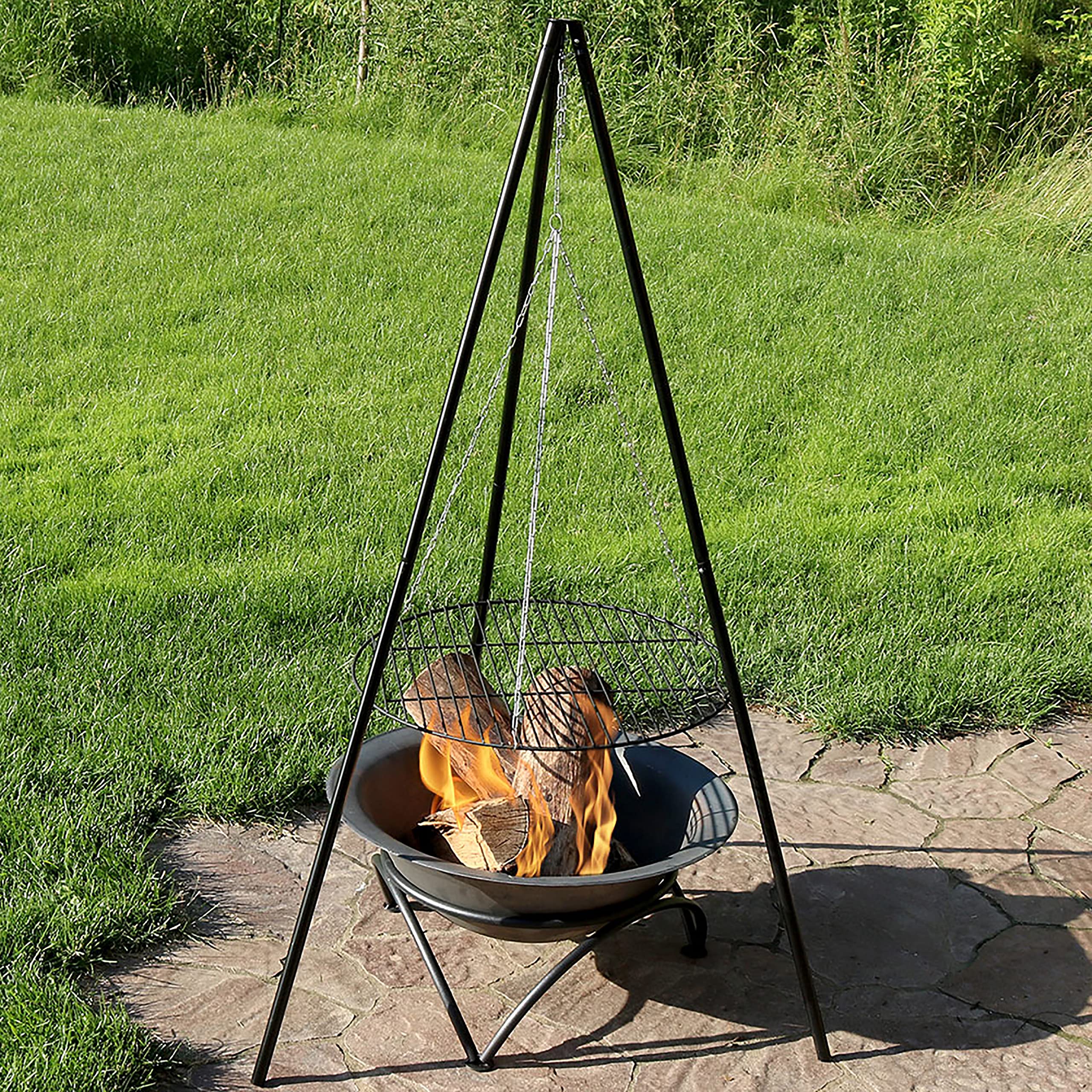 Steel Campfire Cauldron Tripod Fire Pit With Cooking Grill Grate