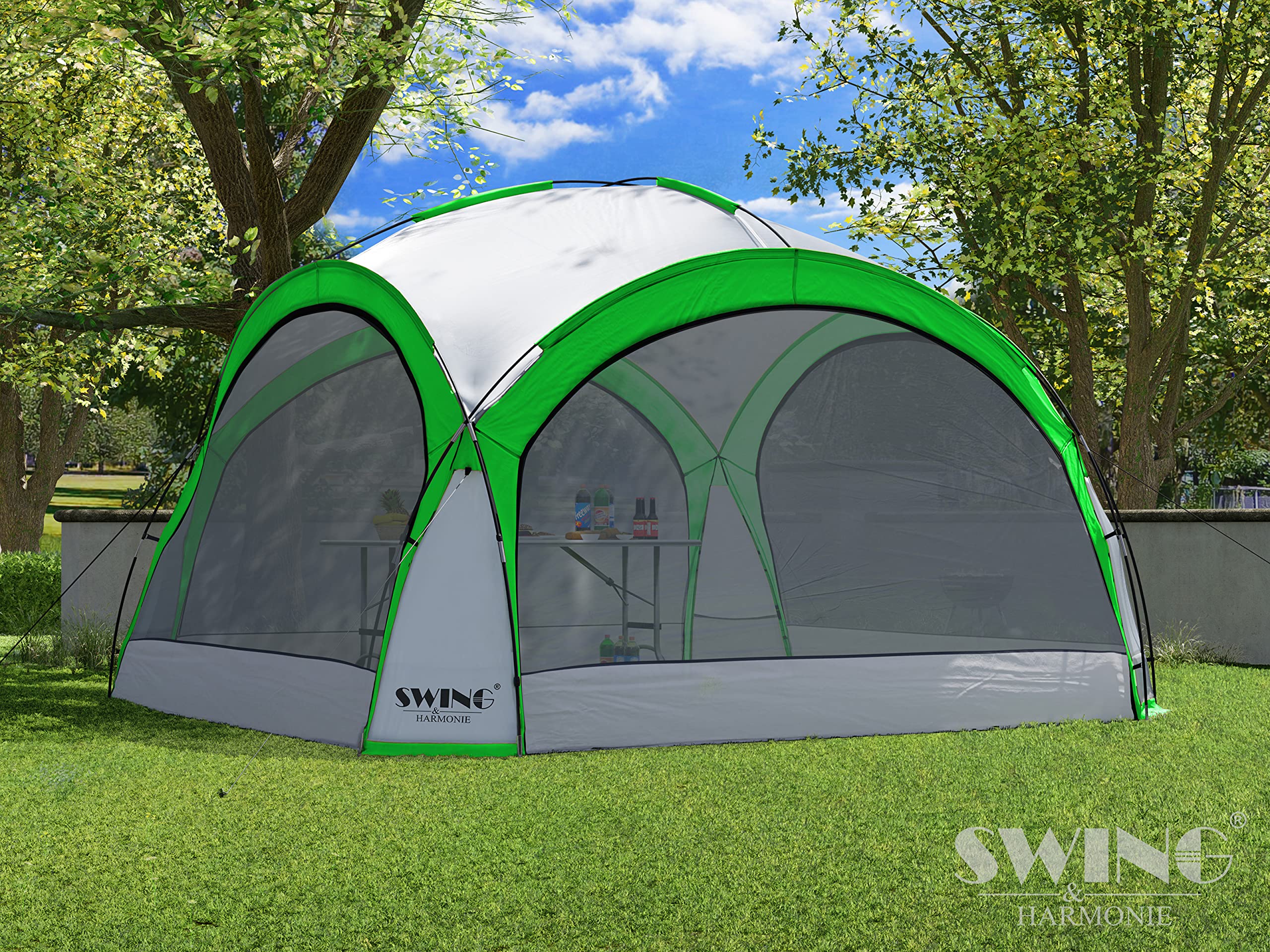 XXL LED Event Pavillon 4,5 x 4,5m DomeShelter Garten Pavillion inkl. Solarmodul Pavilion Designer Gartenzelt Camping Pavilon Partyzelt mit Beleuchtung (450cm - grün)