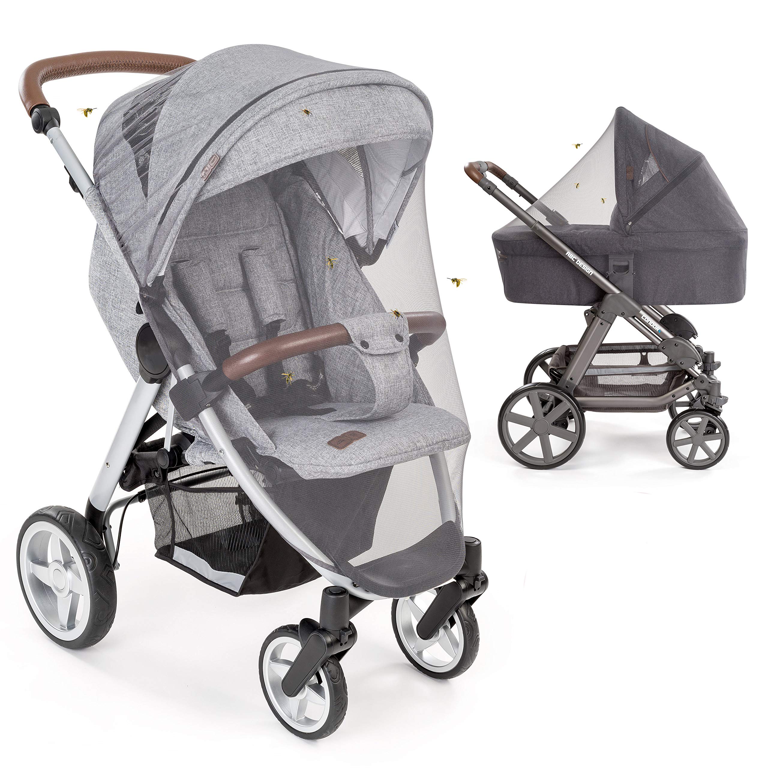 Universal Insektenschutz/Mückennetz für Kinderwagen & Buggy - idealer Schutz vor Wespen & Stechmücken dank feinem Netzgewebe - PREMIUM QUALITÄT: reißfest & waschbar - Grau, Schwarz