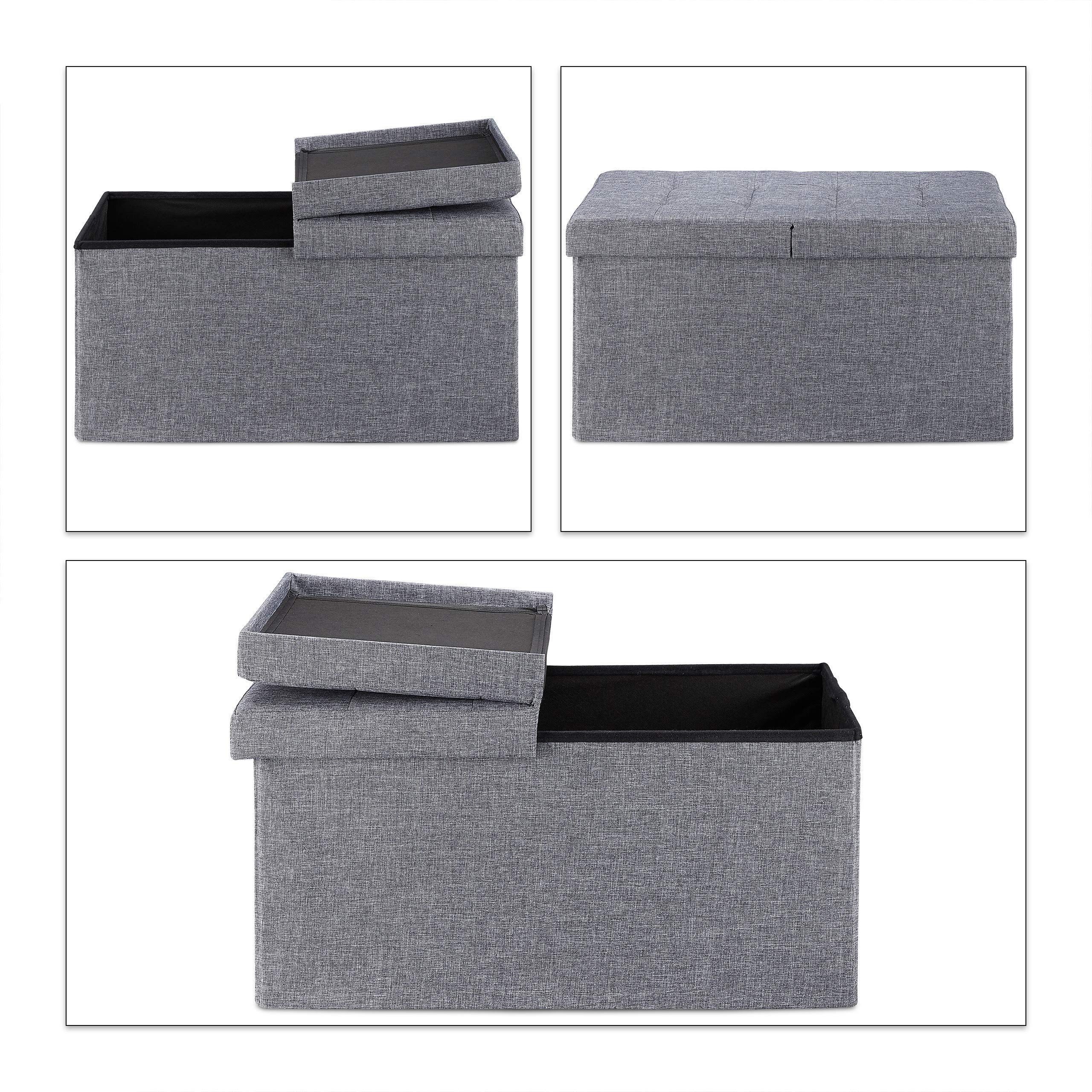 Relaxdays Contenitore Pouf, Capiente Panca Imbottita, Cassapanca con Coperchio Pieghevole, Camera & Sala, grigio scuro